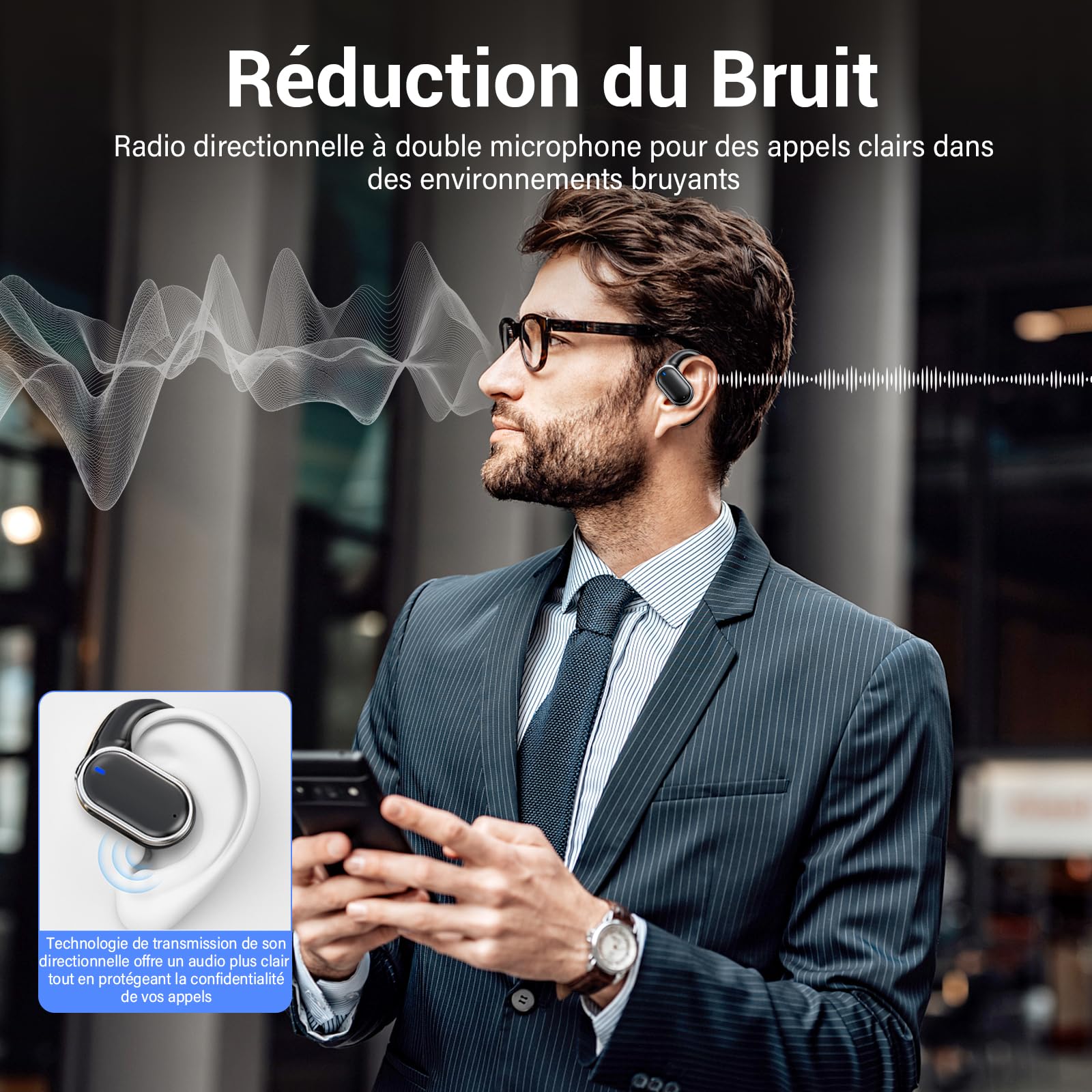 Casque de Sport sans Fil, Casque Bluetooth 5.3 Ouvert, avec Micro HD et Annulation du Bruit ENC, Basses Améliorées, Affichage LED, Casque Bluetooth étanche IPX7 pour iOS et Android, Noir