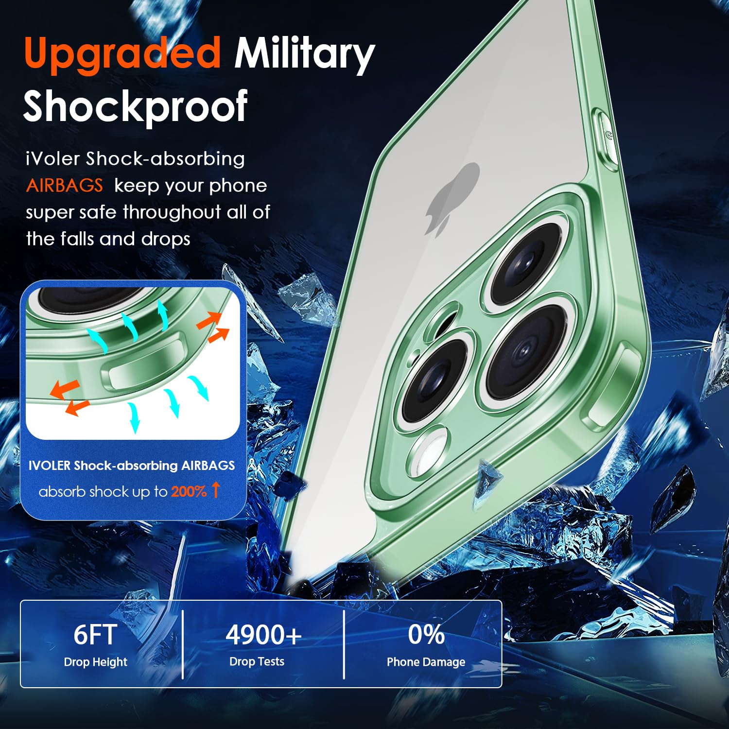 iVoler Cover Chiaro per iPhone 15 Pro Max con 2 Pezzi Pellicola Vetro Temperato, [Antiurto di Grado Militare][Protezione Fotocamera] Custodia Trasparente Sottile Anti-Ingiallimento Case - Menta Verde