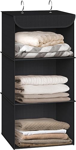 Simple Houseware Organizador de armario colgante de 3 estantes, estantes de almacenamiento de tela con capacidad de 57 litros, color negro