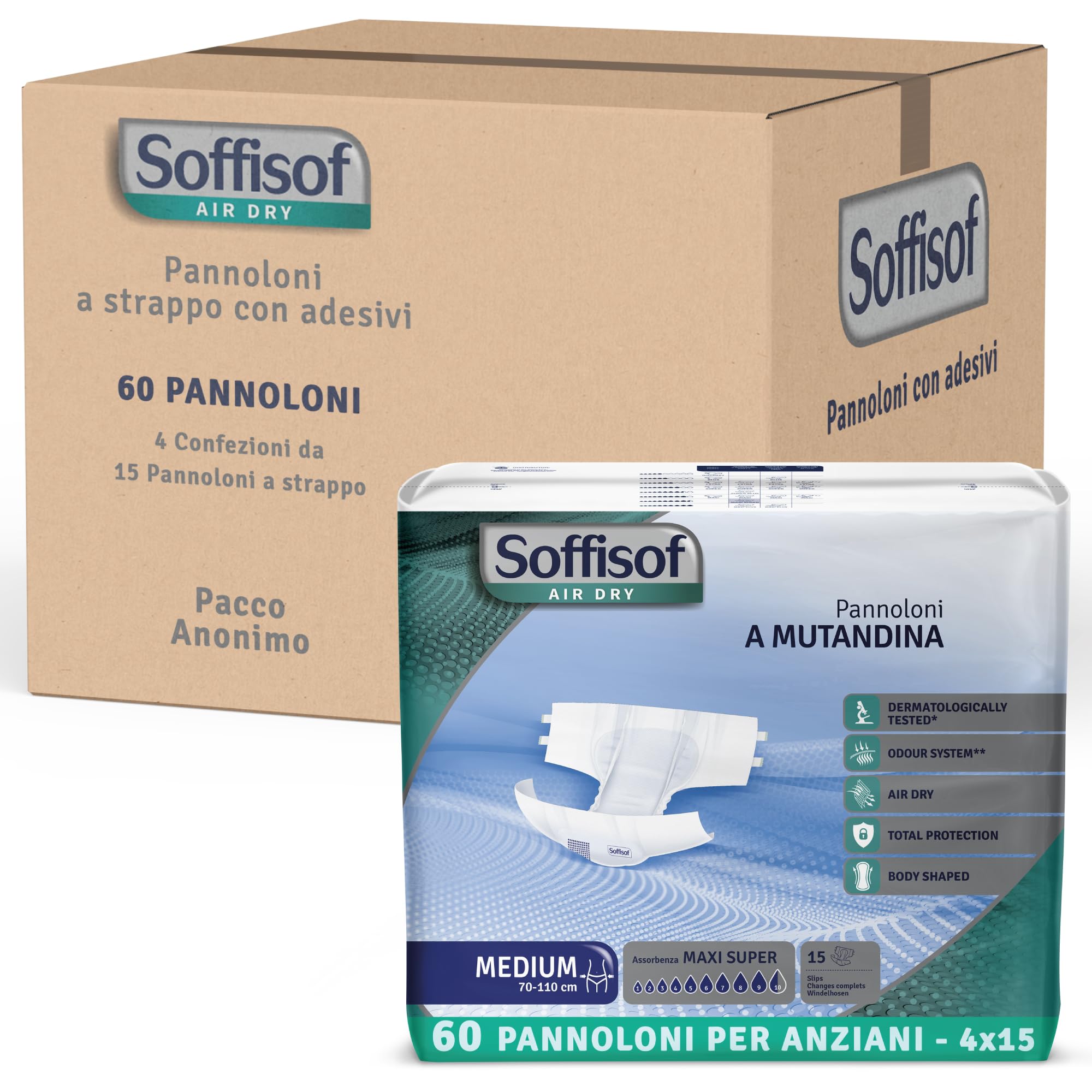 Soffisof Air Dry Windeln für Erwachsene Maxi Super M - 60x Inkontinenz Slip - 4 Packungen mit 15 Windelhosen, 9.5 Tropfen - Windelslip Erwachsene