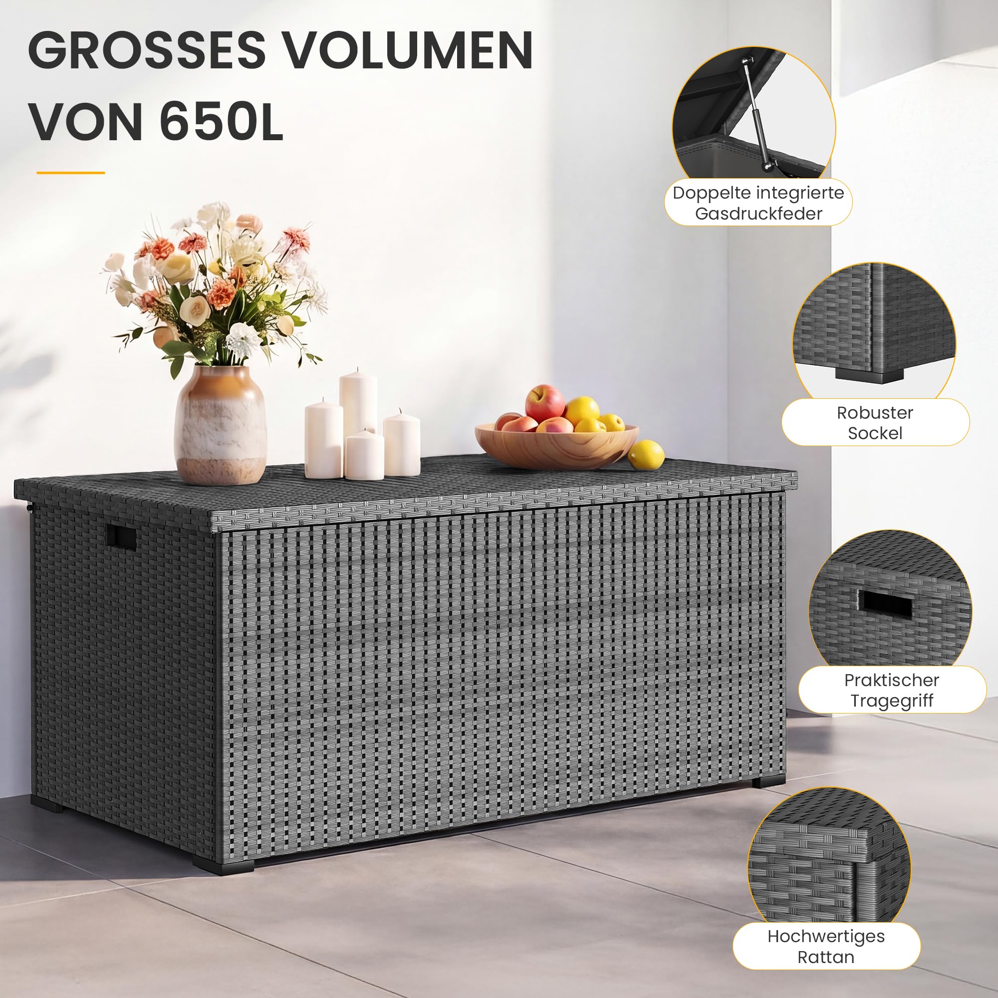 UDPATIO Gartenbox Wasserdicht 650L, Aufbewahrungsbox Garten XXL, Auflagenbox Wetterfest, Kissenbox Outdoor mit Deckel, Gasdruckfedern, ideal für Garten, Terrasse & Balkon | Grau