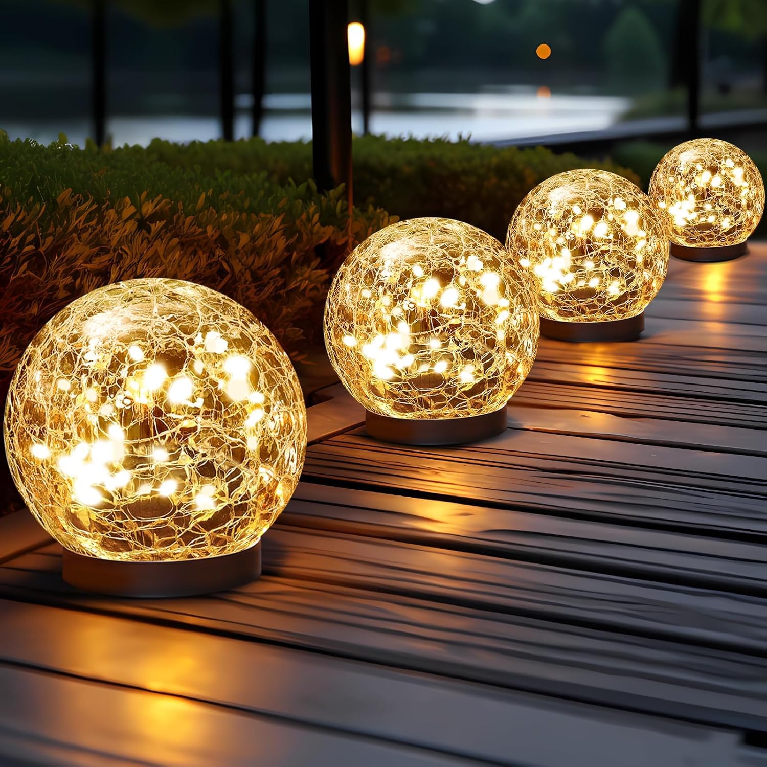 Mayhug 4PCS Garden Solar Lights Cracked Glass Round Ball Light Outdoor Decor, Waterproof Decorative Warm LED for Landscape Walkway Backyard Patio Yard Lawn Pathway Garden Decoration(Yellow Light)