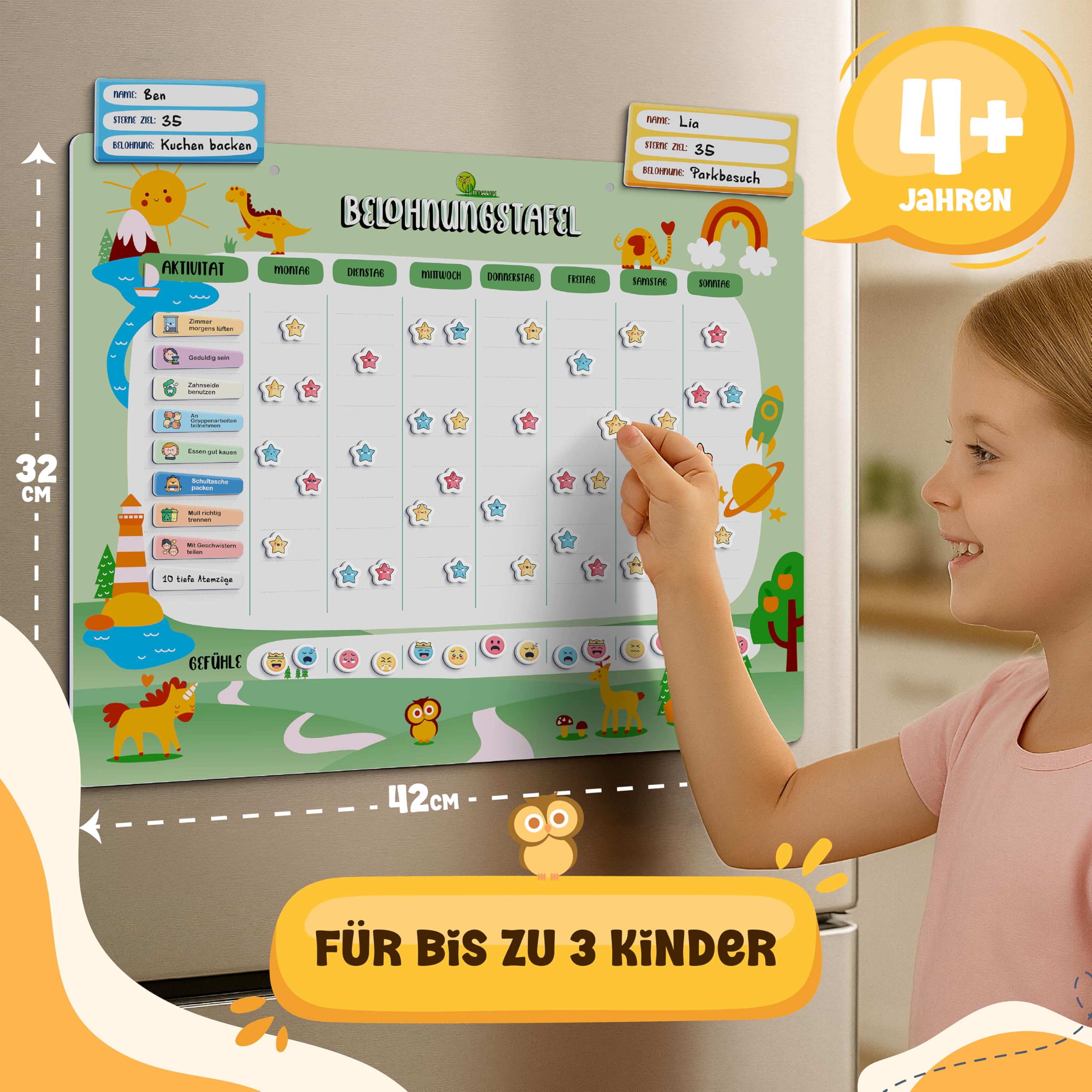 Belohnungstafel für Kinder - [110+20 Aufgaben - 480 Gefühle & Stern-Magnete] - Montessori Magnettafel für Emotionen, Verhalten, Verantwortung & Selbstständigkeit, Tasche, 3 Stifte