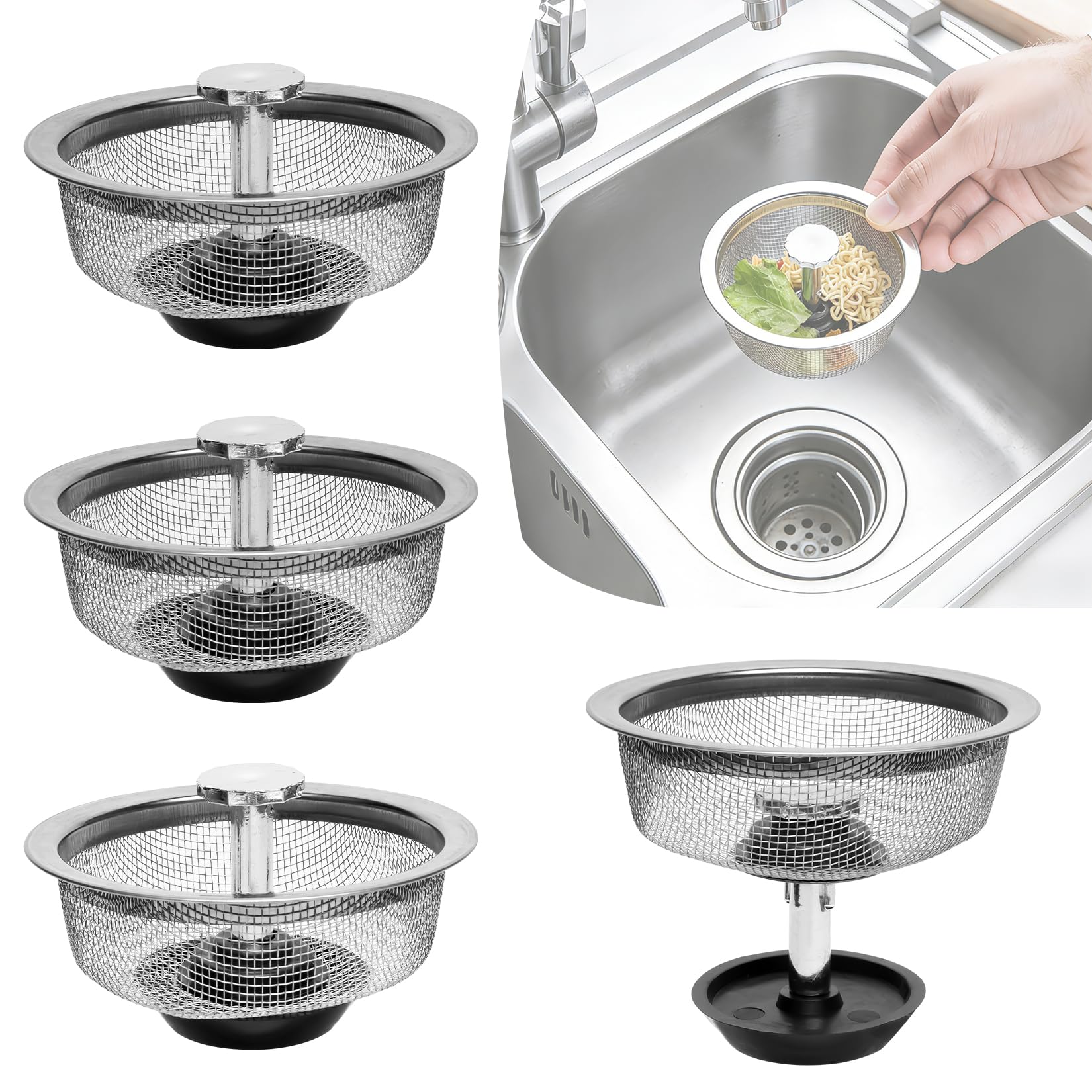 4 Pz Filtro Tappo Lavandino Cucina, Tappo per Lavandino Cucina, Scarico Filtro Lavello Cucinas in Acciaio Inox per Lavandini da 80-85 mm e Lavandini da Bagno