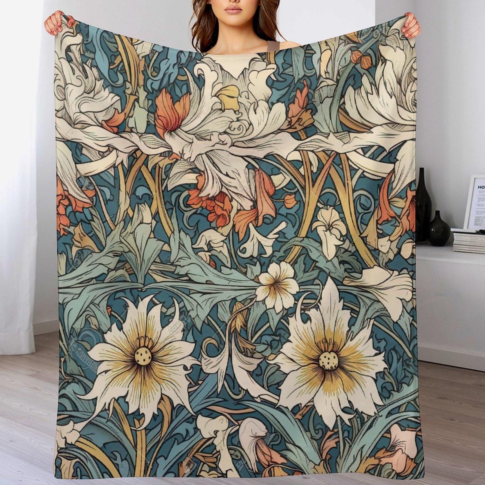 PHTAYOT William Morris Style Floral Throw Blanket, Vintage Abstract Botanical Floral White and Green Pattern Throw Blanket for Living Room Bed Sofa