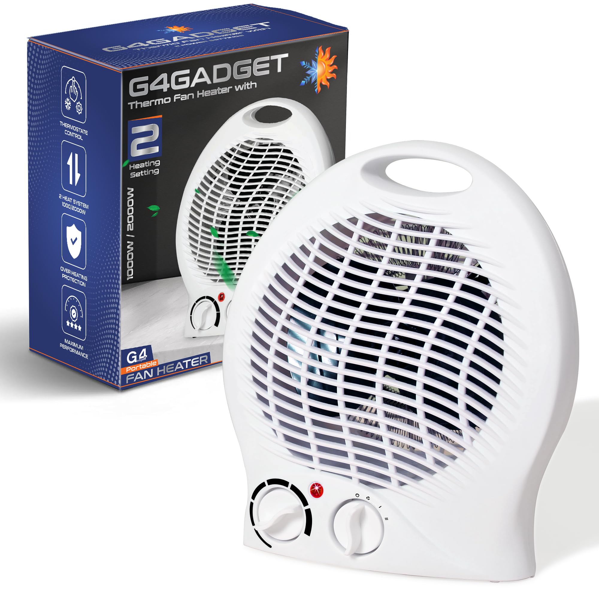 G4GADGET Portable Fan Heater 2000W β 2 Heat Settings (1000W/2000W) & Cool Fan Mode β Adjustable Thermostat, Overheat Protection, Low Energy Electric Heater for Home, Office & Bedroom
