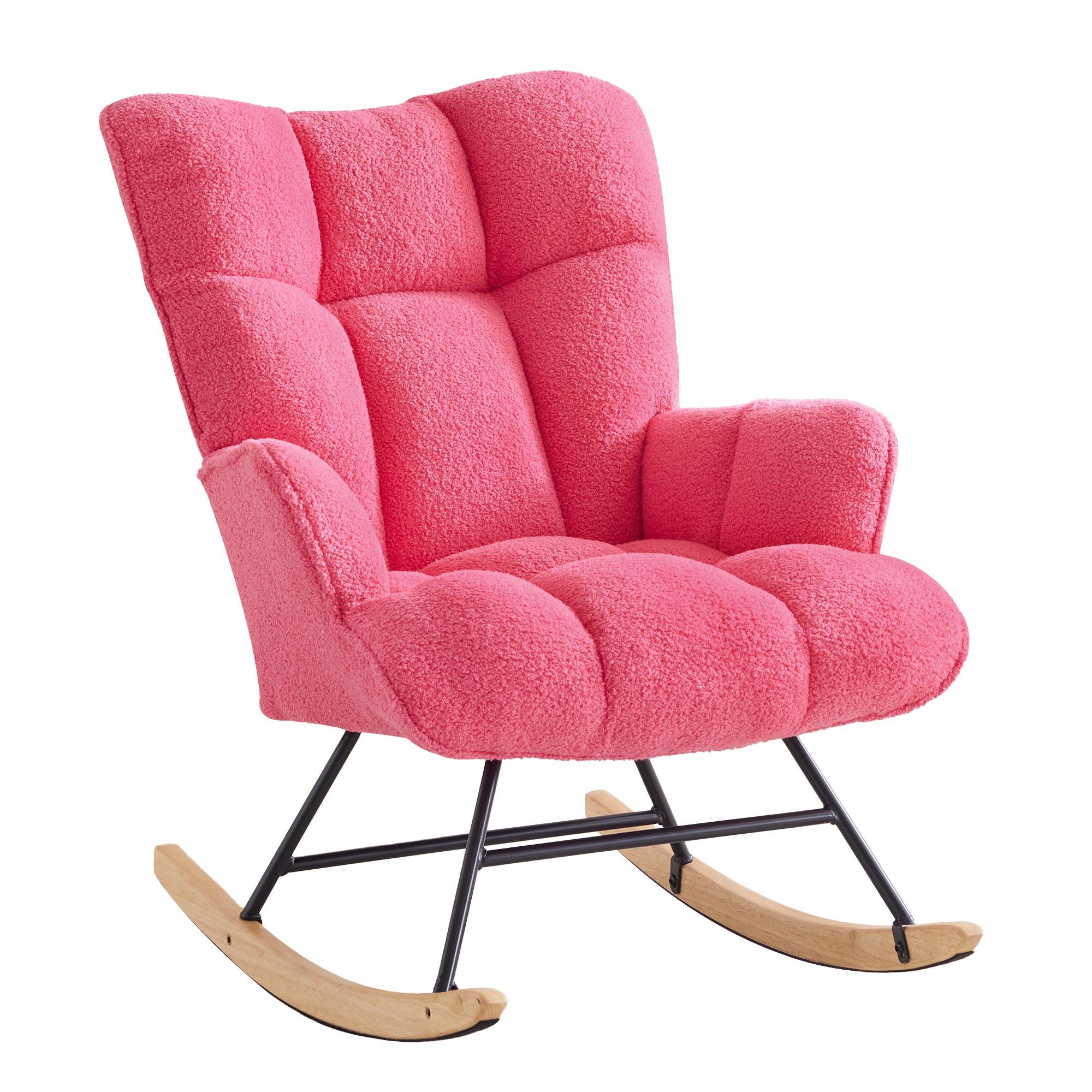 XH.Easy Go Rocking Chair Nursery Teddy Upholstered Glider Rocking Accent Chairs Padded Seat with Rubber Wood Legs Armchair Comfy Side Chair for Living Room Bedroom Offices (Hotpink Teddy) — image 1