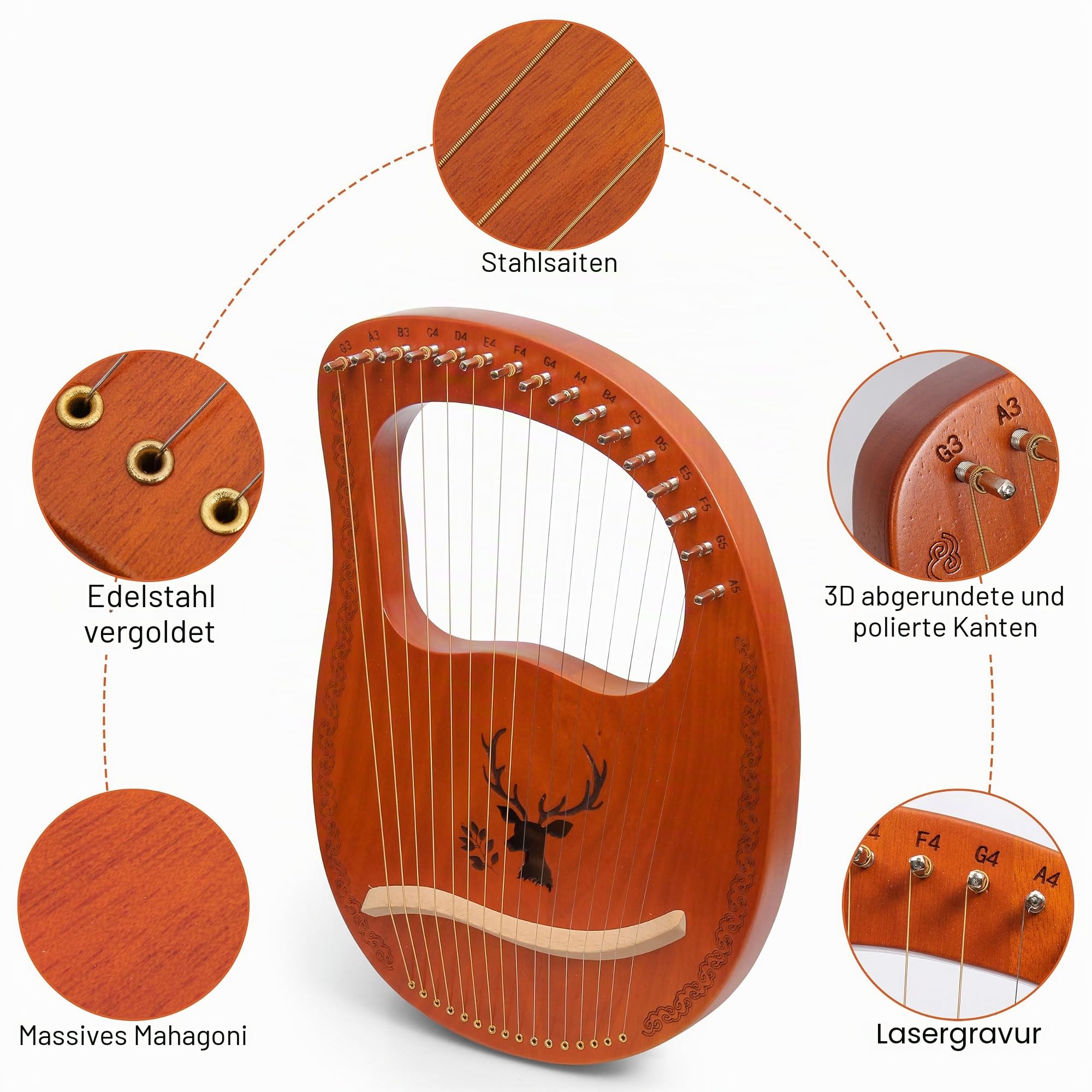Lyre Harfe, Kleine Harfe Instrument, 16 Saiten Lyre Harfe, Mahagoni-Laugenharfe mit Metall Saiten Tragbare Harfe im Antiken Stil mit Stimmschlüssel und Tragetasche, Braun, Elch-Muster