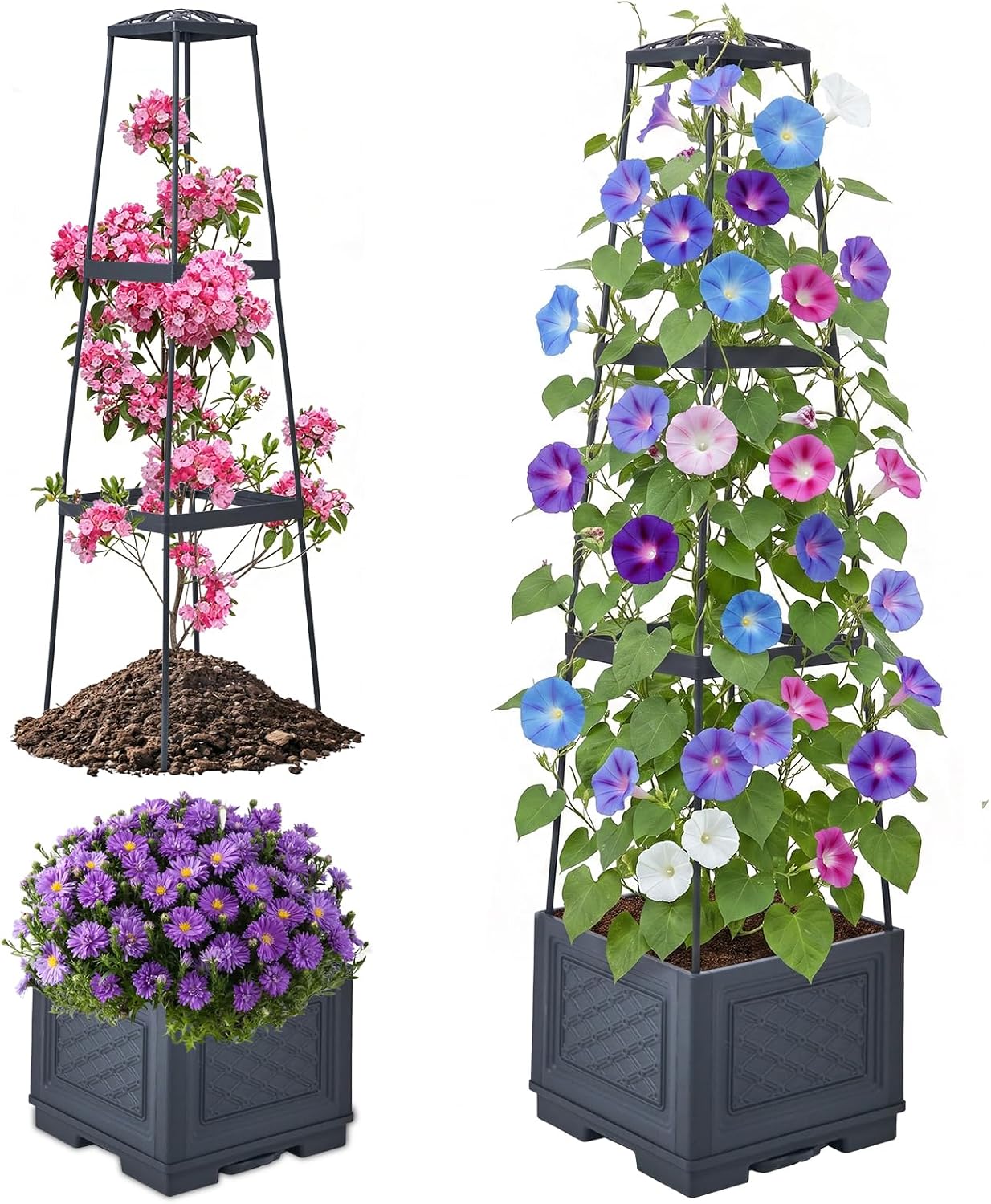 Raised Garden Bed, Tomato Cages for Garden, Tomato Cage, Raised Garden Beds Outdoor, Planter Box with Trellis, 44.8" Self-Watering Tomato Planter for Climbing Plants Vegetables Flowers(With Wheels)