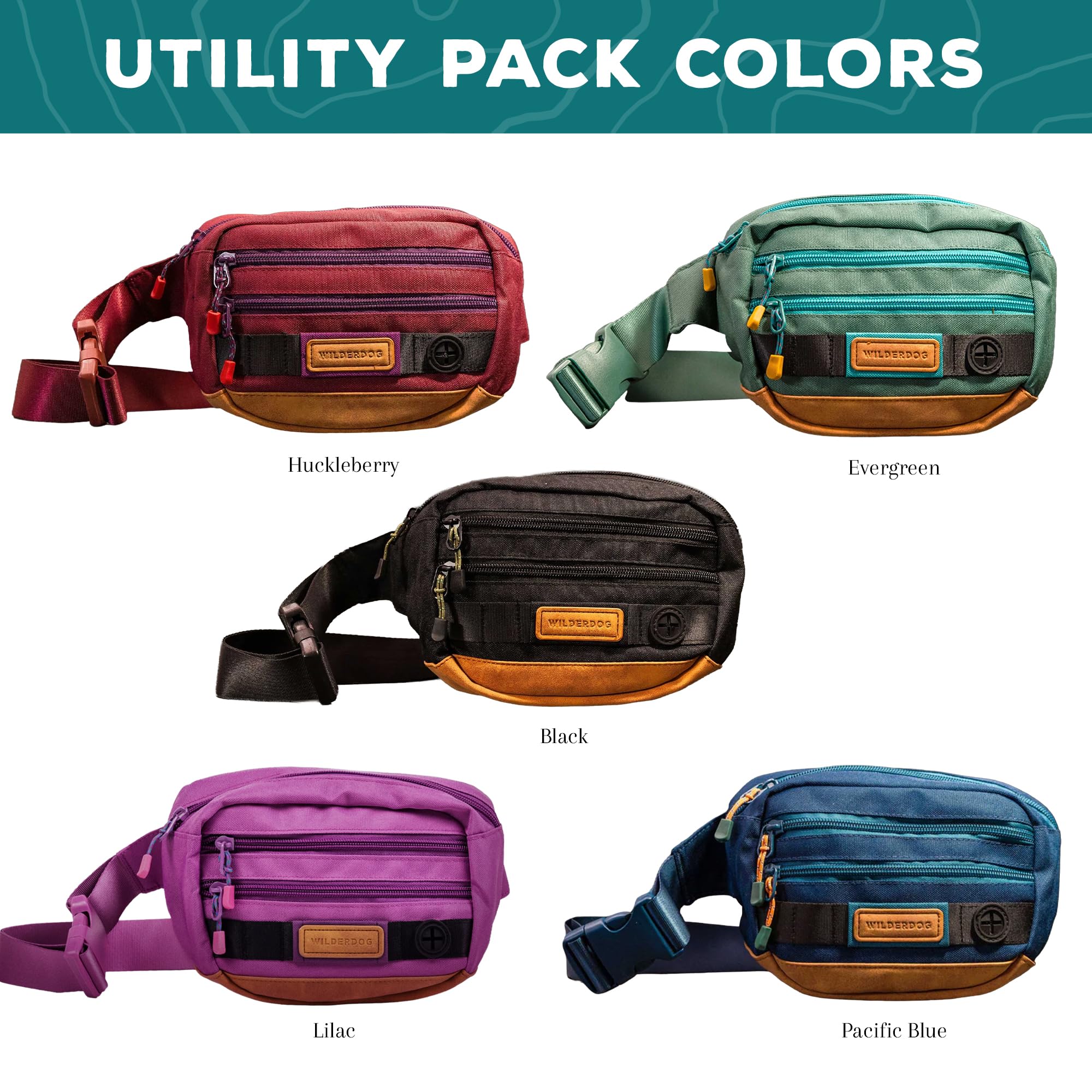 Wilderdog Sac Banane Utilitaire pour Ranger friandises, balles, clés dans 3 Poches avec Sangle réglable et Distributeur de Sacs à déjections Canines (Noir)