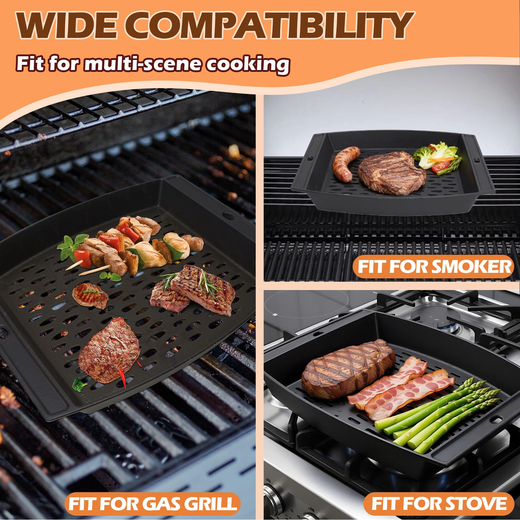 38.1x30.5 cm Gusseisen-Grillaufsatz für Outdoor-Grill, Fisch-Gemüse-Grillkorb, BBQ Grillpfannen Tablett für Weber, Char-Broil, Royal Gourmet und die meisten Holzkohle-Räucher- und Gasgrills