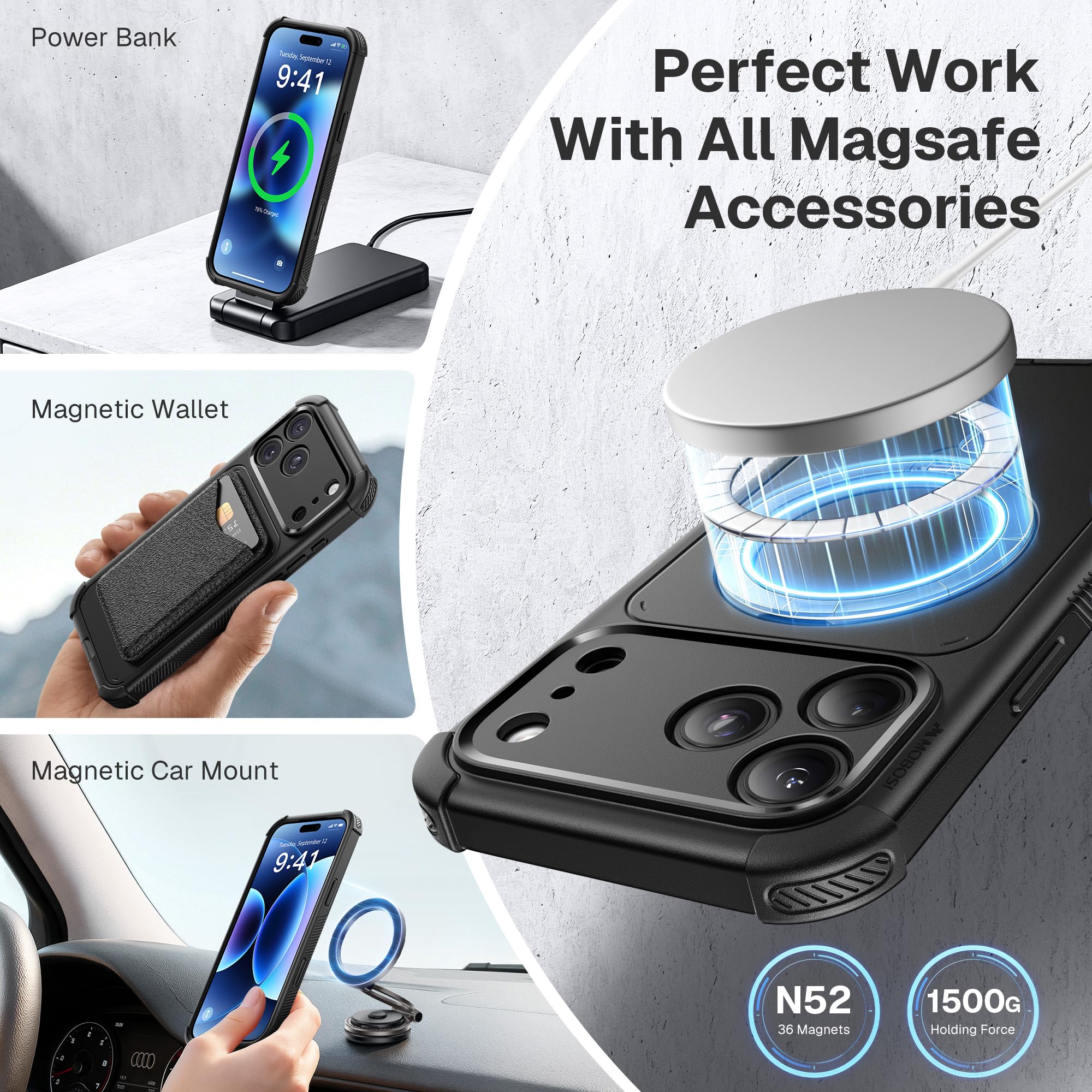 MOBOSI Custodia robusta per iPhone 17 Pro, supporto magnetico, nero