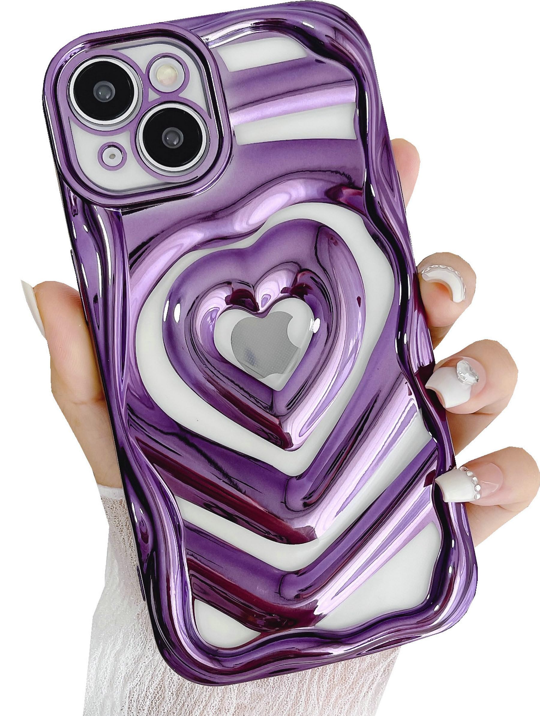 JANDM Compatible with iPhone 14 Case, Clear Cute 3D Love Heart Pattern Purple Glitter Bling Soft Silicone Shockproof Girls Women Case for iPhone 14