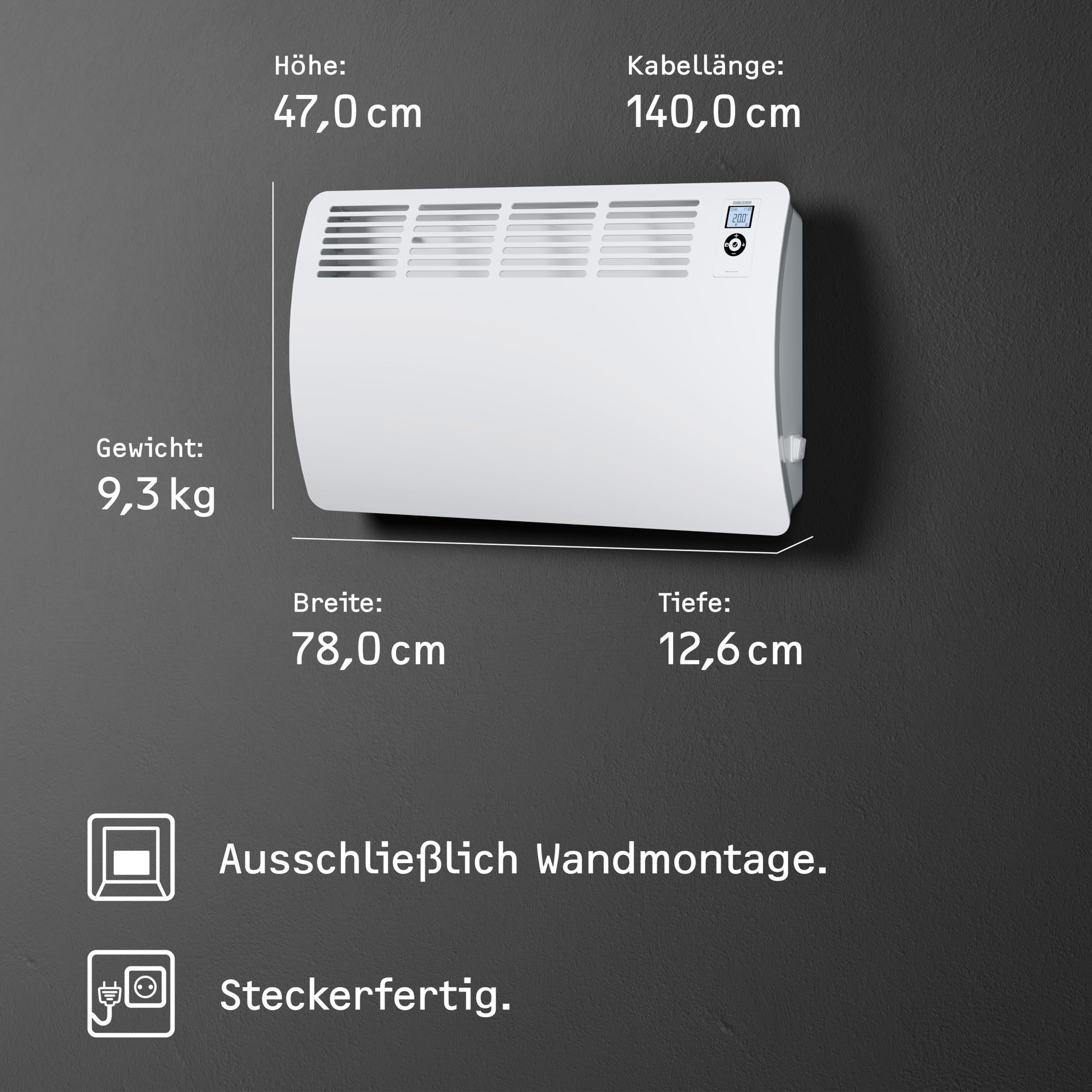 STIEBEL ELTRON Wandkonvektor CON 20 Premium, 2 kW für ca. 25 m², VDE geprüft, LC-Display, Wochentimer, 120 Min. Kurzzeittimer, Silent Mode, Elektroheizung energiesparend, 237833, Weiß