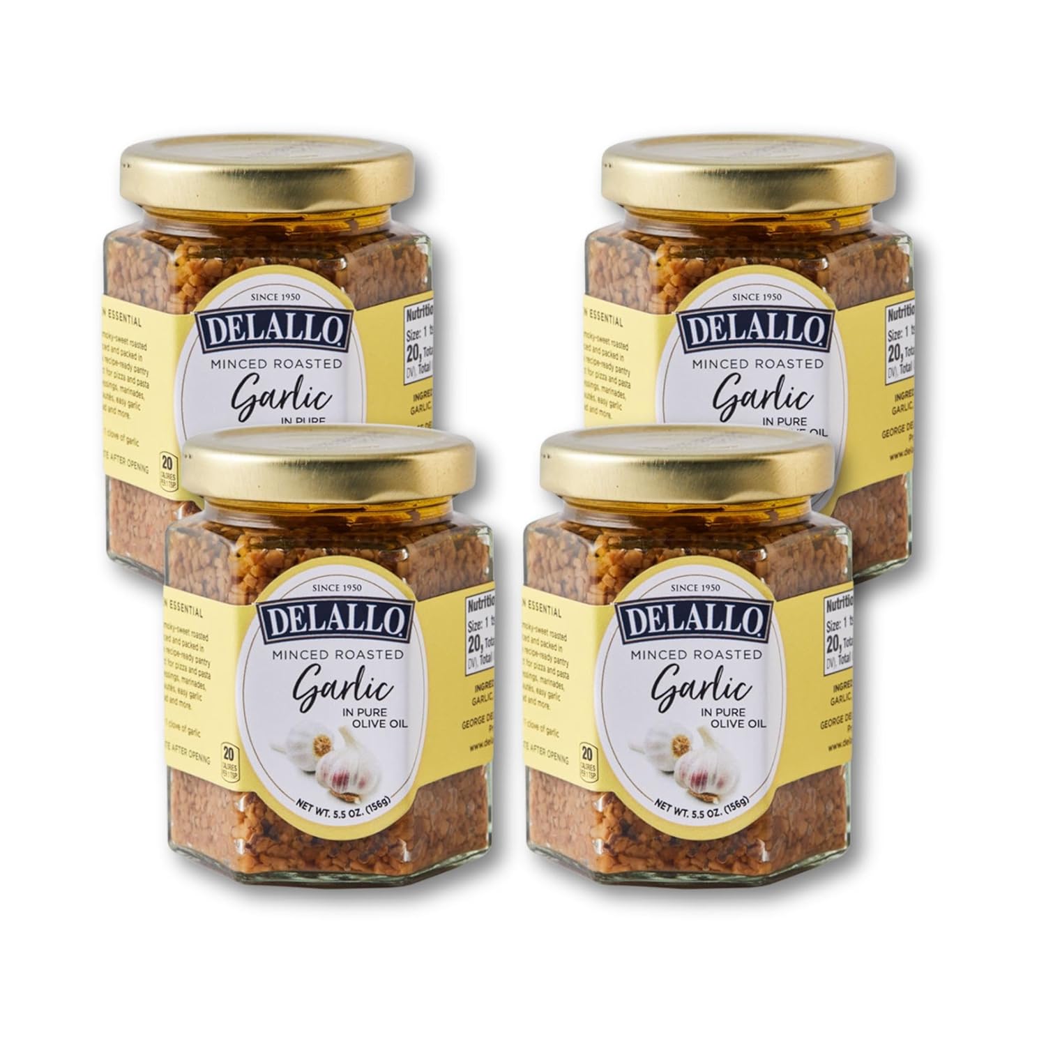 DeLallo Minced Roasted Garlic, Packed in Olive Oil to Preserve Smoky Flavor, Recipe Ready for Pasta Sauces, Meats and Marinades, Non-GMO, Vegan, Gluten-Free, 5 oz Jar, (4 Pack)