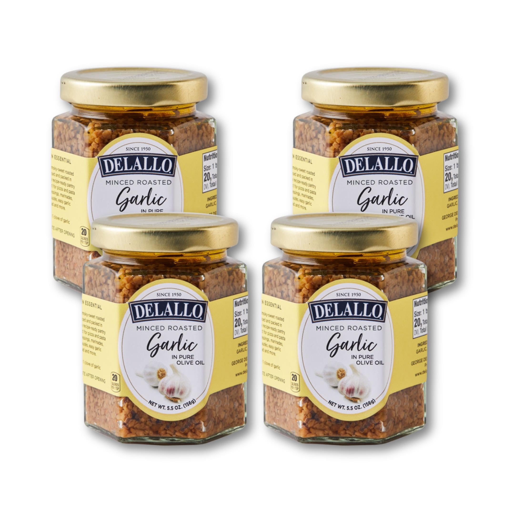 DeLallo Minced Roasted Garlic, Packed in Olive Oil to Preserve Smoky Flavor, Recipe Ready for Pasta Sauces, Meats and Marinades, Non-GMO, Vegan, Gluten-Free, 5 oz Jar, (4 Pack)