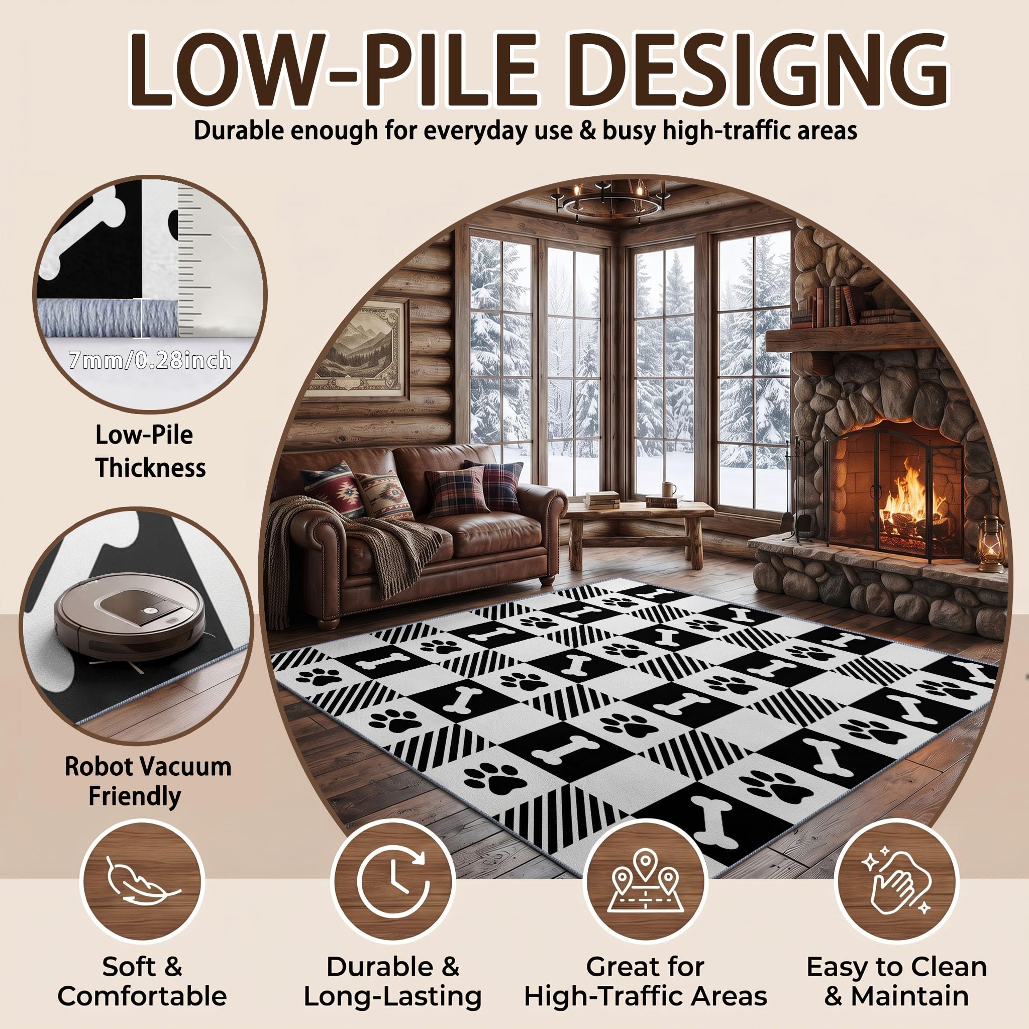 Blanc Tapis Salon 80 x 150 cm, Minimaliste Moderne Lavable en Machine Tapis | Chambre Antidérapant, Damier Empreinte De Patte Os Tapise Bureau Salle a Manger, Doux Poil Ras Rug, Cuisine