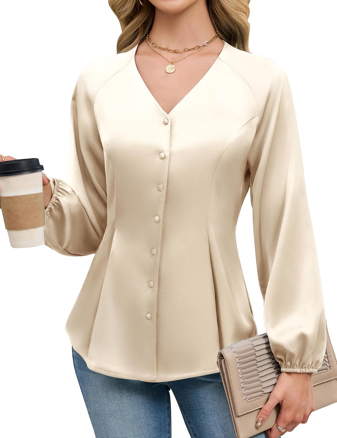 Blooming Jelly Womens Satin Silk Dressy Casual Business Blouse Button Down Long Sleeve Peplum Top Work Shirt Fall Outfit