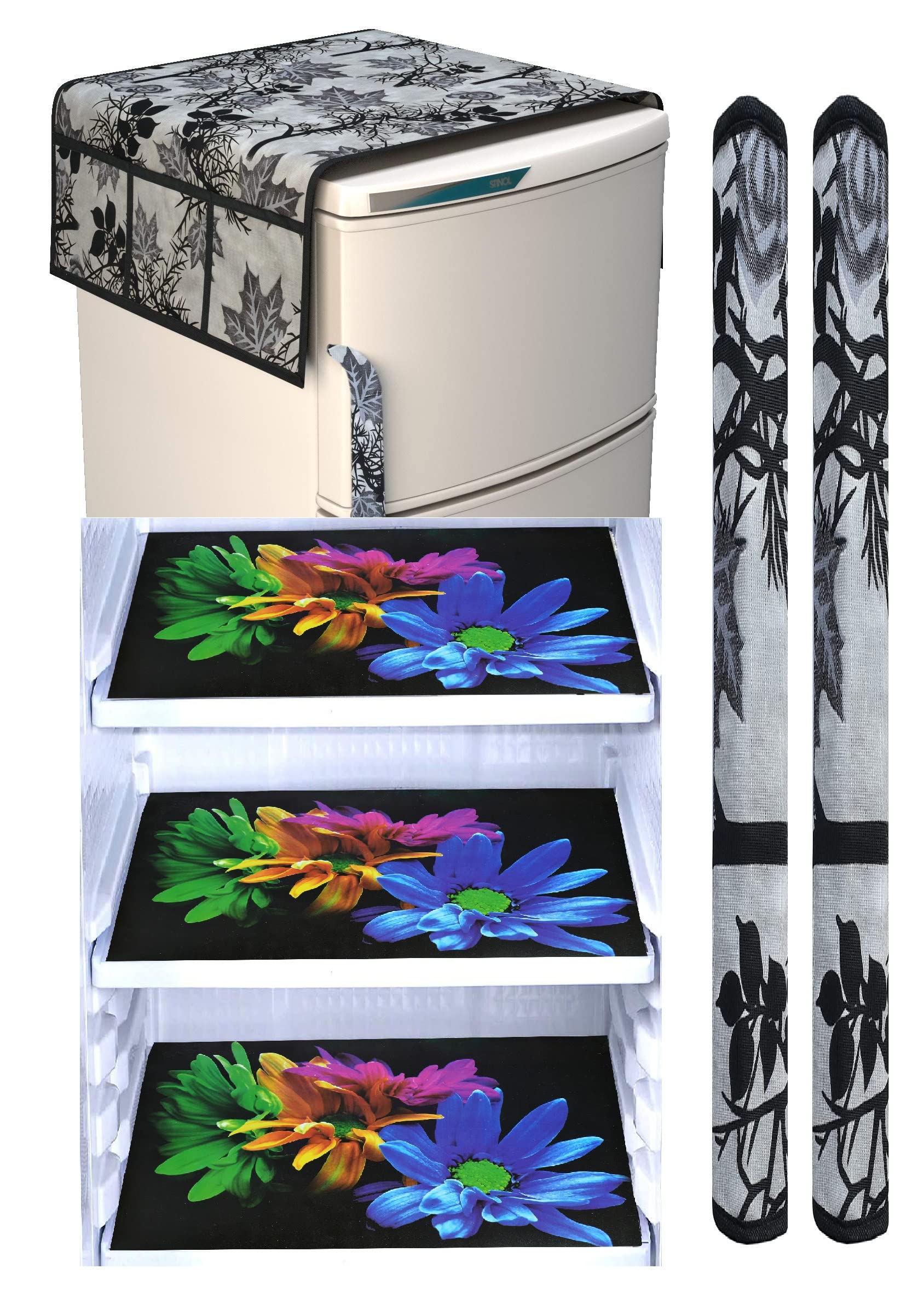 XMBUG Set of 1Pc Polyester Fridge Top Cover with 6 Utility Pockets + 3Pc Fridge Mats + 2Pc Handle Cover (BLACKLEAF+3SENTERFALLOWER+2HC) (B0C49WHSPX) Amazon Price History, Amazon Price Tracker