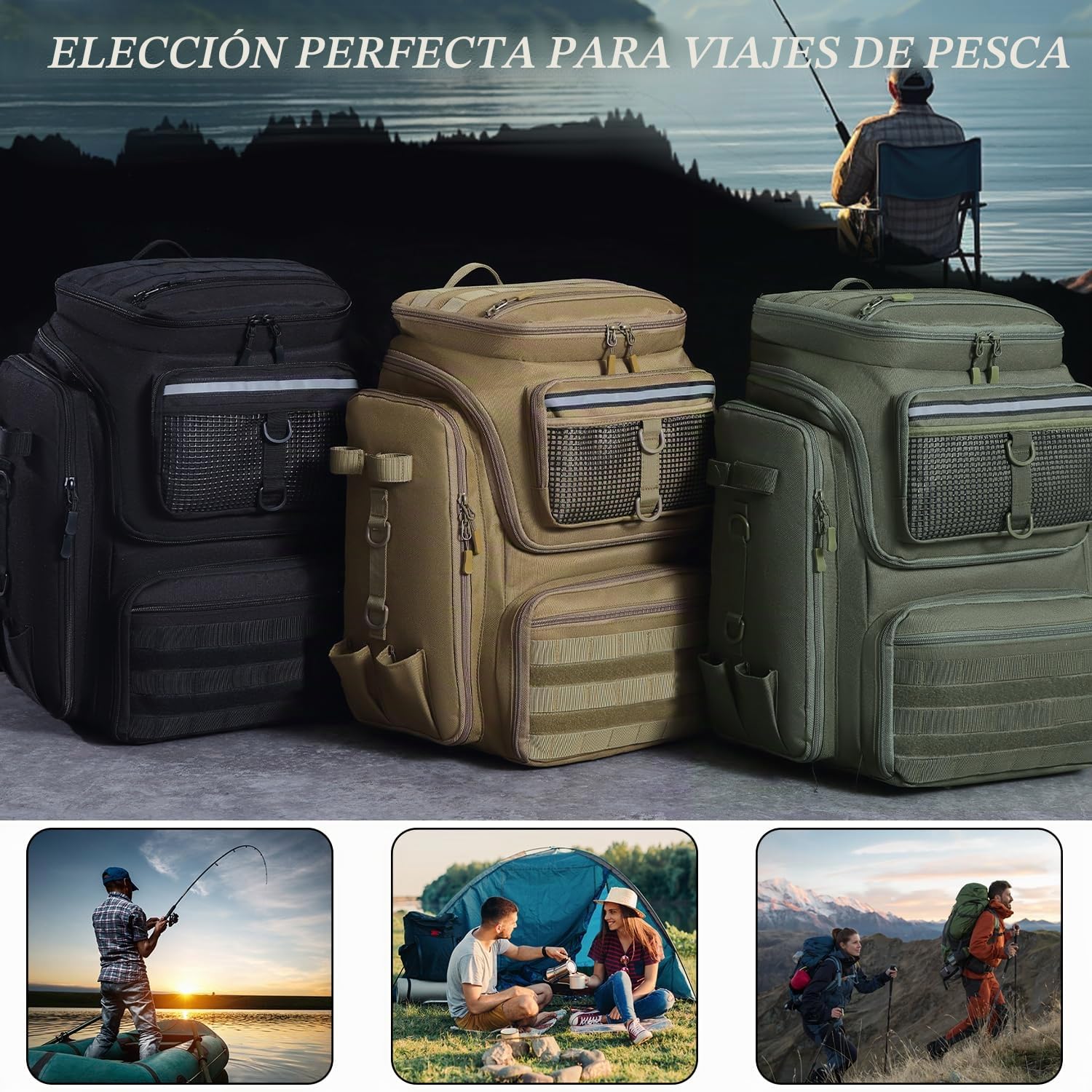 Mochila de Pesca impermeable 45L con Soporte para Cañas