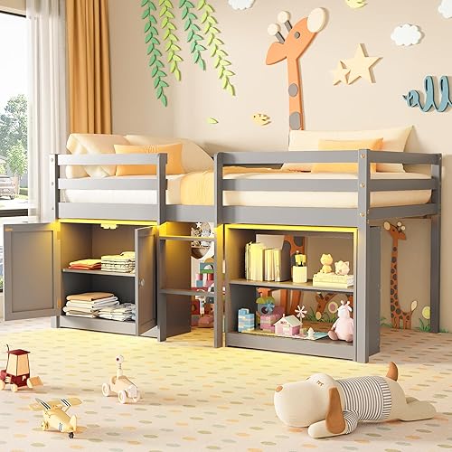 TOLEAD Low Loft Bed, Kids Loft Bed Twin, Toddler Loft Bed with Lights, Kids Loft Beds with 14" H Safety Guardrail, Wood Twin Low Loft Beds with Storage Bookcase and Under-Bed Play Space (Grey)