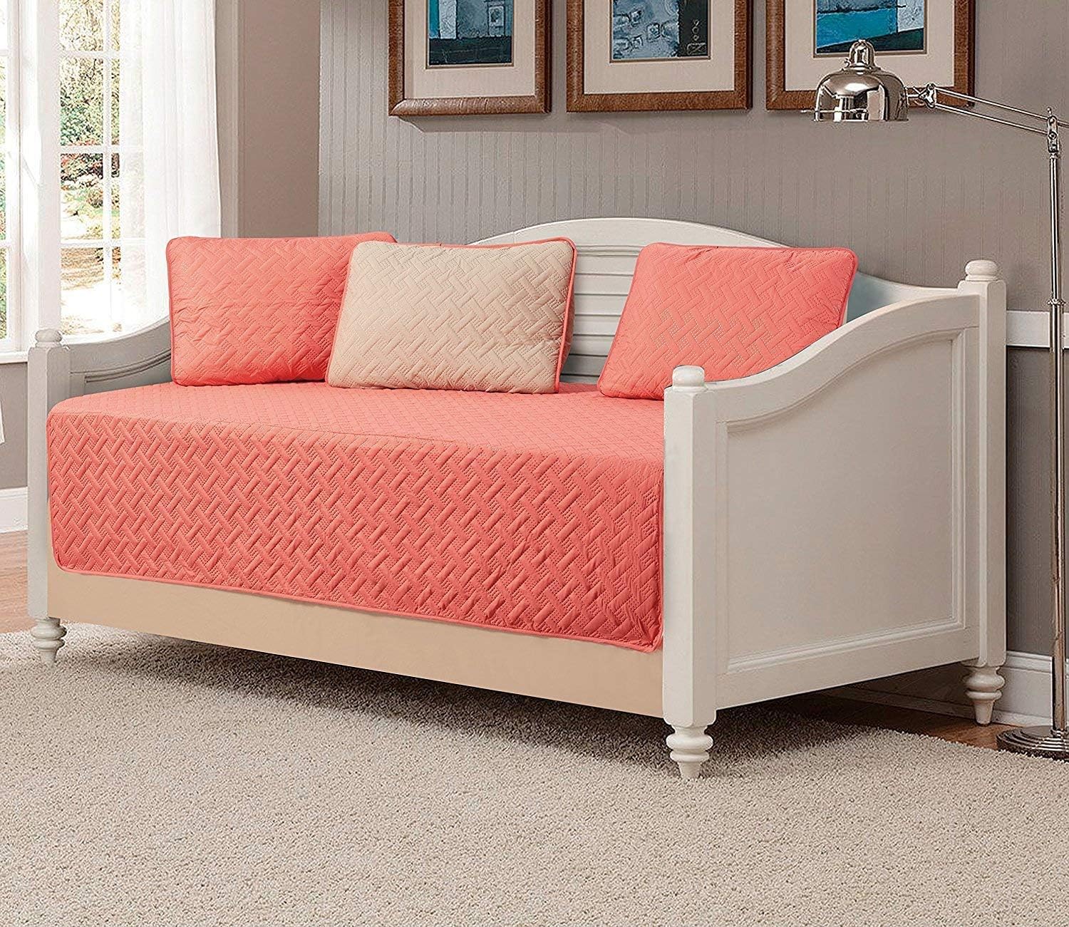 Fancy Collection 5pc DayBed Quilted Bedspread Coverlet Set Embossed Solid Coral/Khaki New