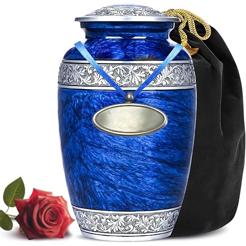 Hand-Engraved Blue Urn for Ashes Adult Male & Female with Velvet Bag & Medallion | Blue Marble Finish Metal Cremation Urns for Human Ashes Adult Man | Elegant Burial & Funeral Urn, Large, 220lbs