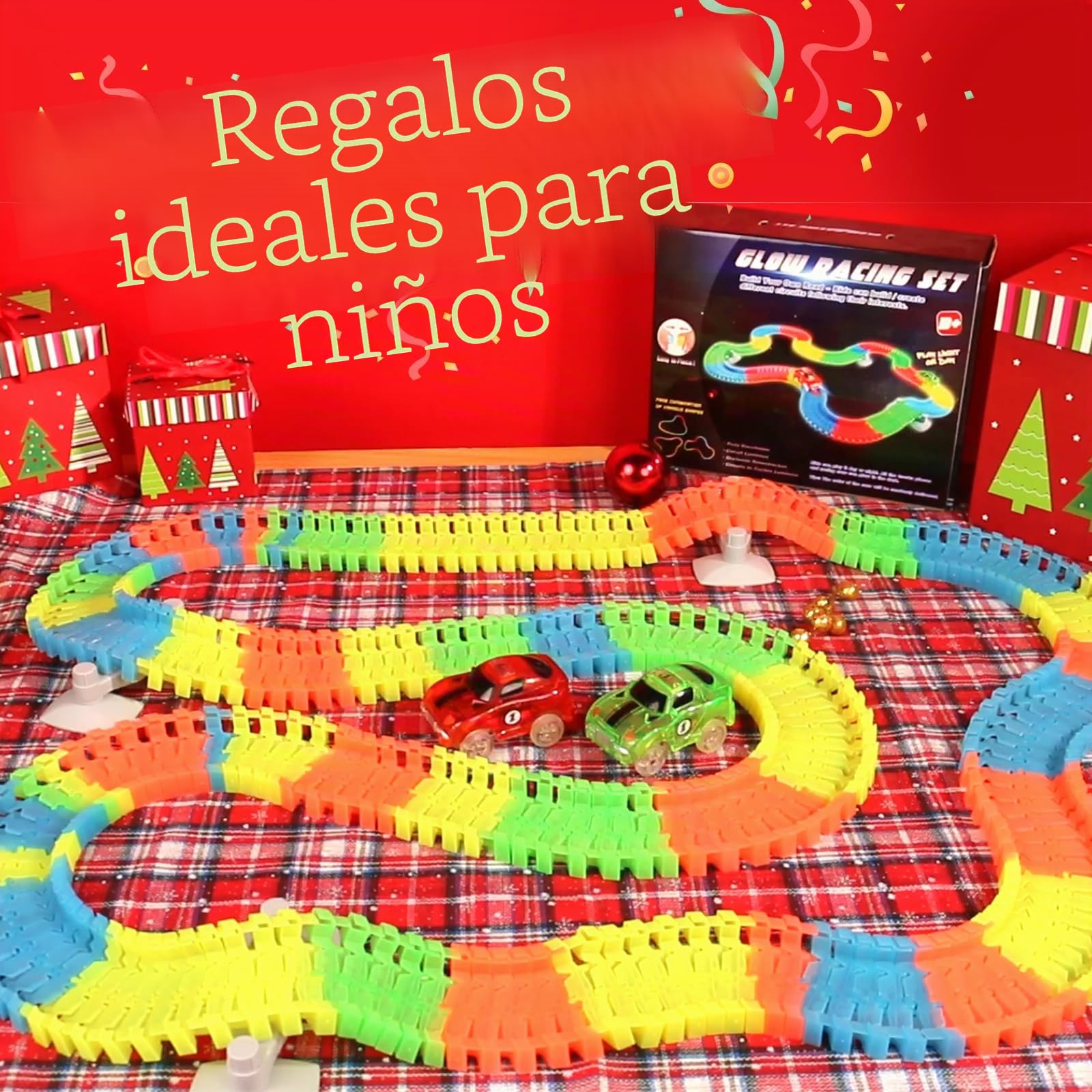Juguetes Niños 3 Años, Pista de Coches para Niños Circuito Coches Juguetes Niño 3 4 Años- 240 Piezas Montessori Track Pista Flexible & 2 LED Cars Juguetes Educativo Regalo Niño Niña 3 4 5 Años