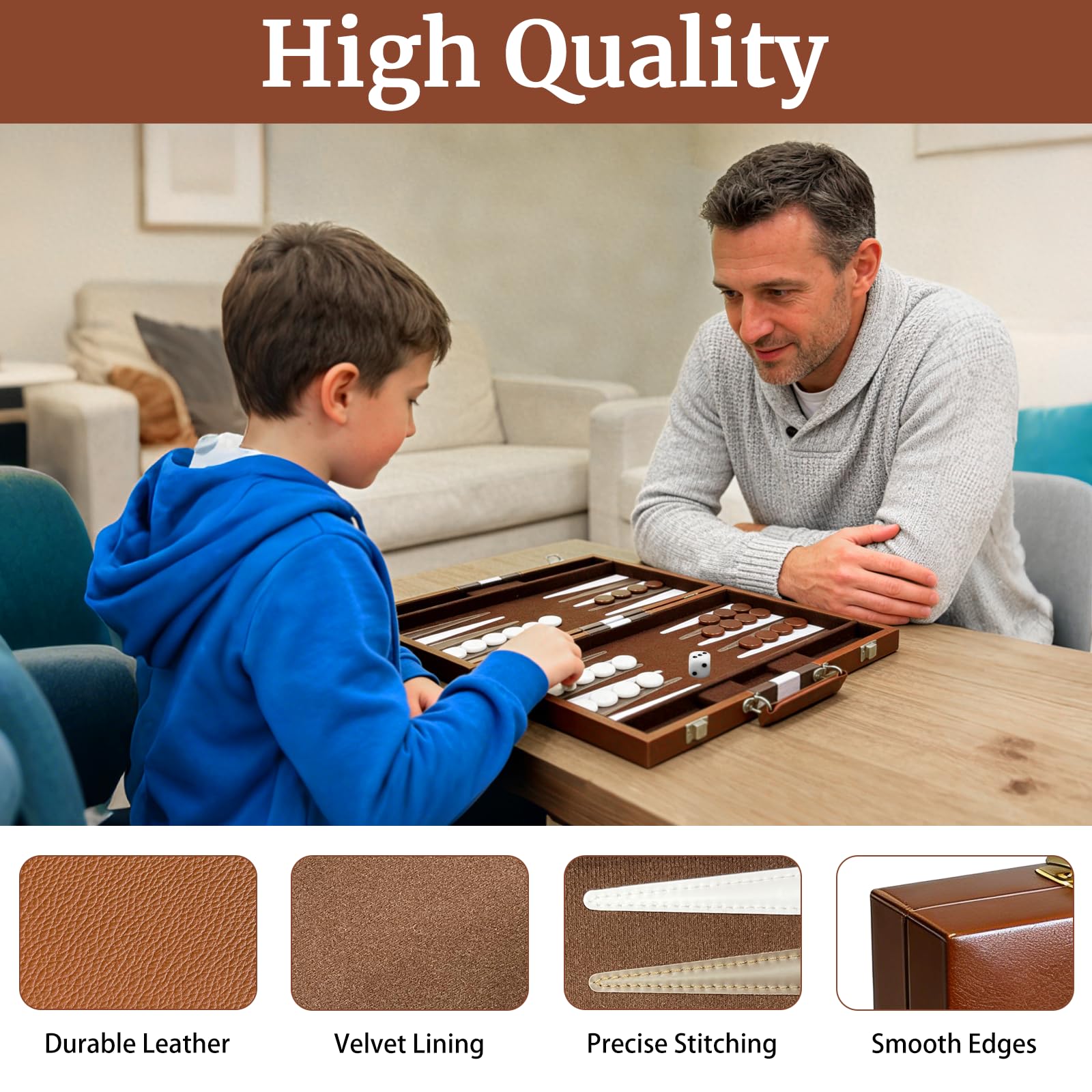 Set di backgammon per adulti, gioco da tavolo classico con custodia pieghevole in pelle per backgammon, set di backgammon in legno per 2 giocatori, gioco da viaggio portatile di lusso
