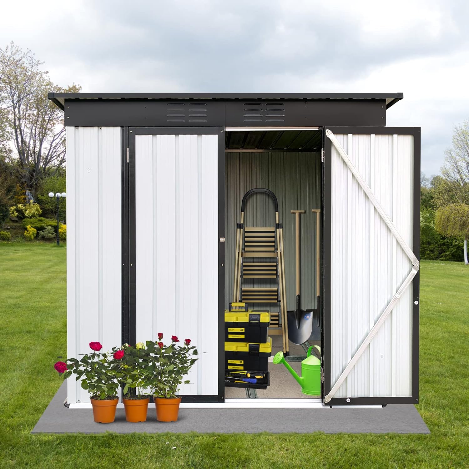 6' x 4'Storage Sheds,Metal Outdoor Storage Shed with Pent Roof, Steel Utility Tool Storage Garden Shed House with Lock, Vents,Waterproof Tools Shed for Backyard Patio Lawn,White+Black