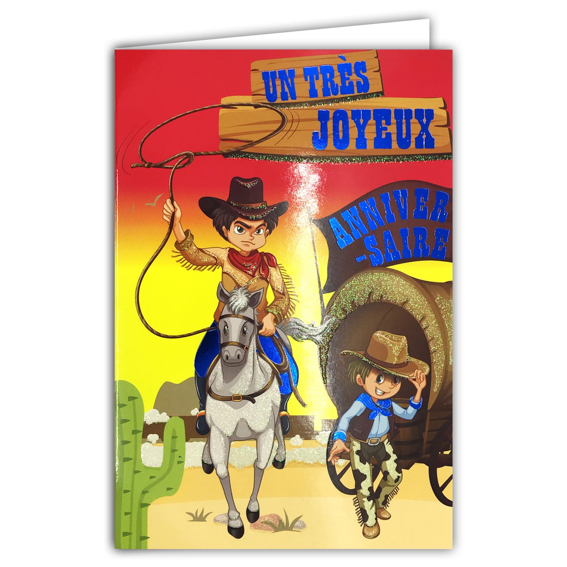 AFIE Glitter Card Happy Birthday Boy Cowboy on Horseback Yellow Envelope 12 x 17.5 cm Costume Lasso Hat Scarf Country Trailer Western Wild West Desert Cactus 67-1089-B