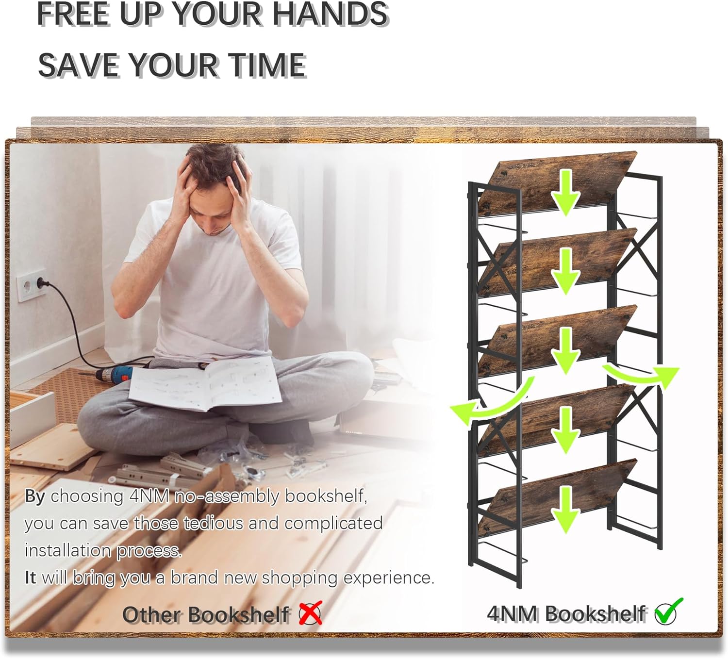 4NM 5 Tiers No Assembly Book Shelves, 51.2" H Folding Bookshelf Bookcase Open Industrial Foldable Shelves for Bedroom, Living Room, Home Office - Rustic Brown Black