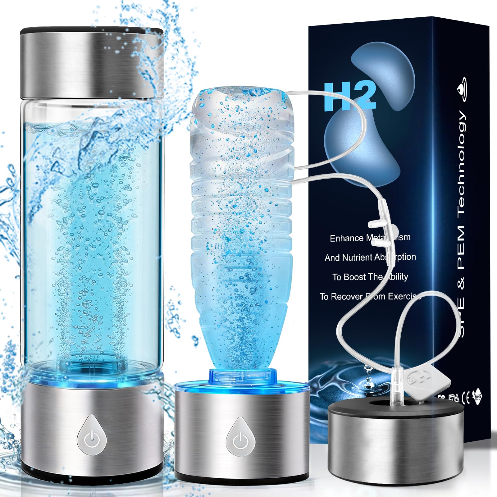 Photo 1 of 3 in 1 Hydrogen Water Bottle Generator, SPE PEM Tech 4000PPB Hydrogen Rich Water Cup, 3Min Fast Hydrogen Making, Auto Clean, Portable 16oz for Daily Drinking, Inhalation, Home Travel