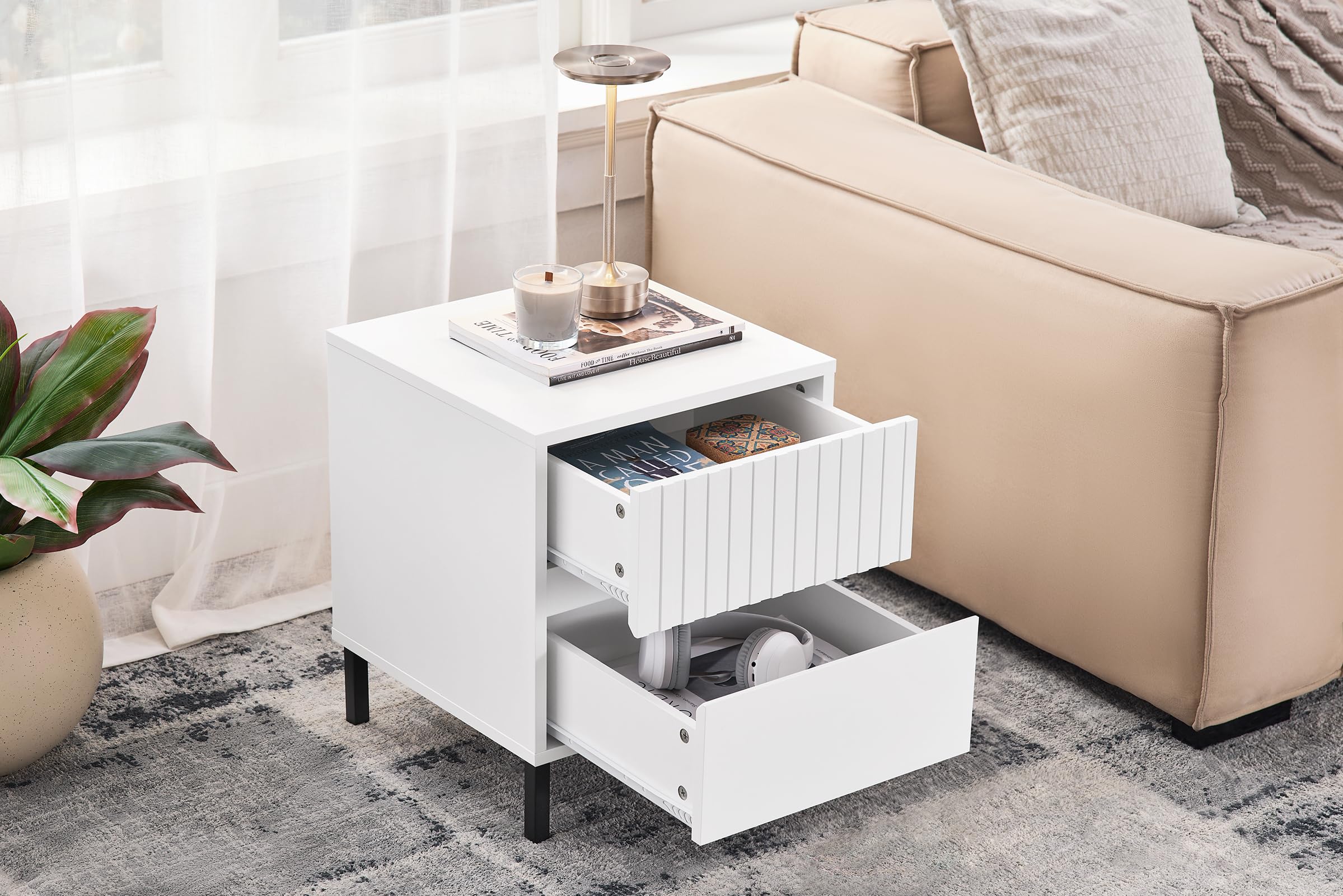 Comodino SoBuy Con 2 Cassetti Bianco 40x40x48 Cm – Moderno, Salvaspazio, Per Camera E Soggiorno