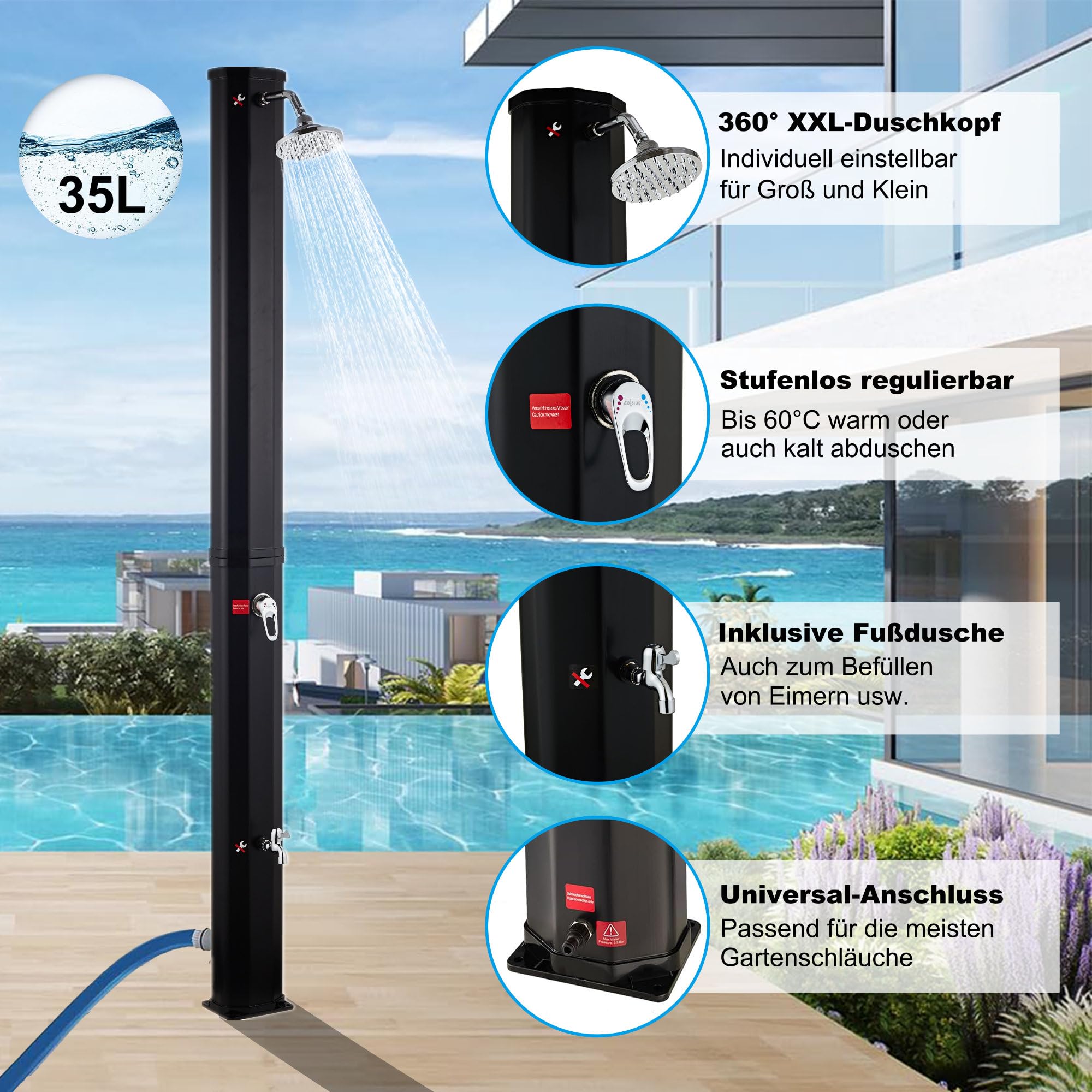 KESSER - Douche Solaire De Jardin 35 Litres - Chauffage Naturel Jusqu'à 60°C, Pommeau Effet Pluie, Pied Métal Stable