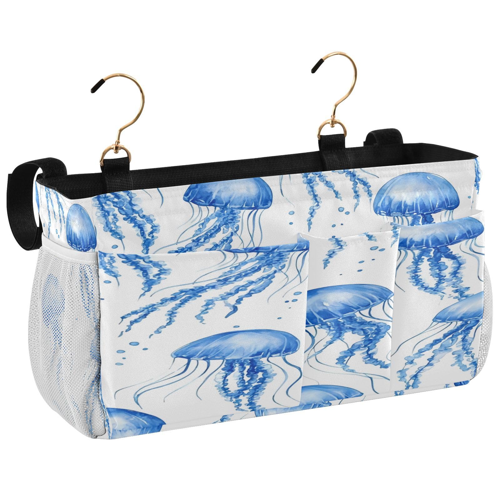 BOESI Watercolor Blue Jellyfish Bedside Storage Hanging Bag, Hanging Storage Basket, Suitable for Storing Cell Phones, Water Bottles, Books