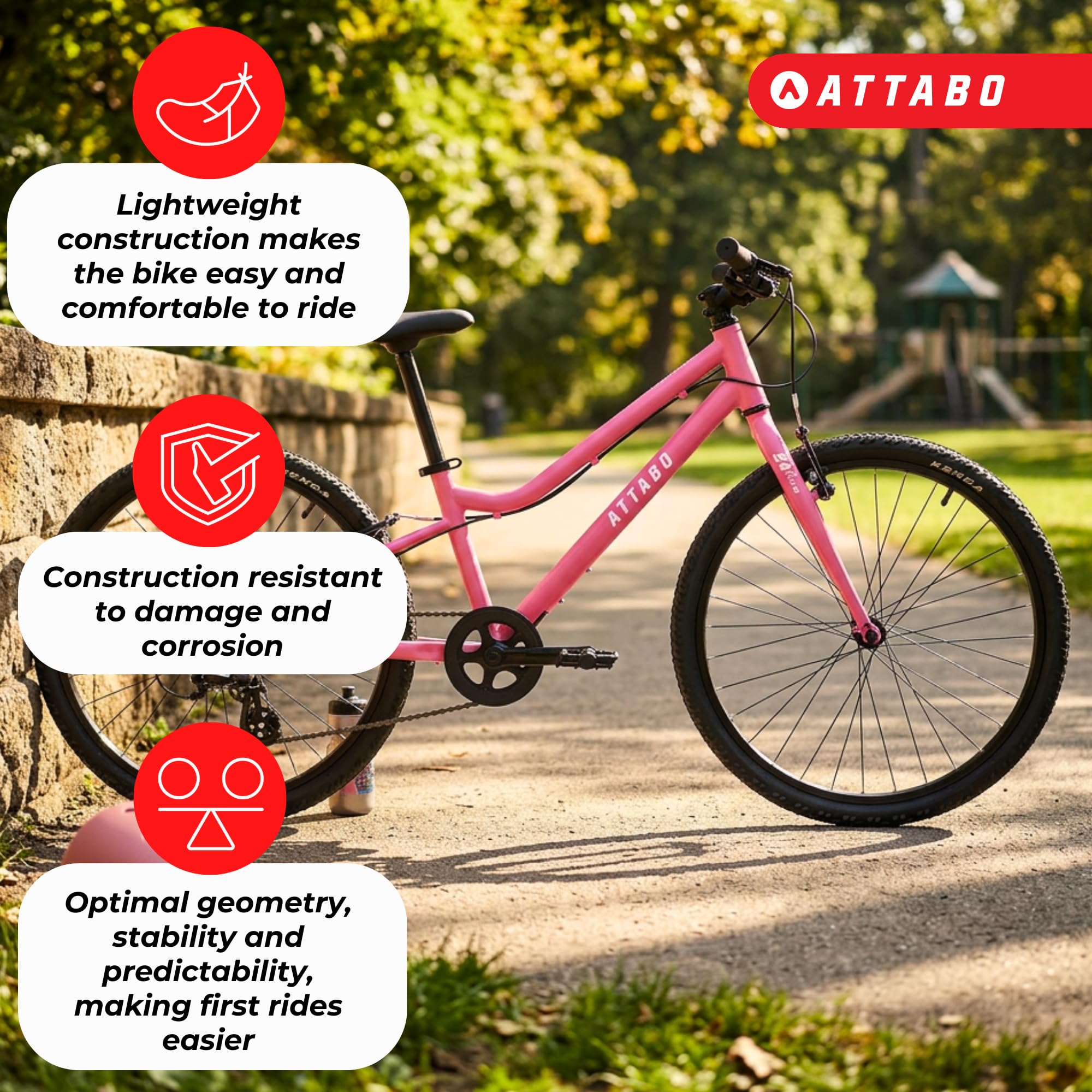 ATTABO Knack 24 - Bicicletta per bambini (7-11 anni) con telaio in alluminio leggero (solo 10 kg), ruote da 24", forcella in acciaio, per 120-145 cm, manubrio ergonomico ideale per escursioni e tempo