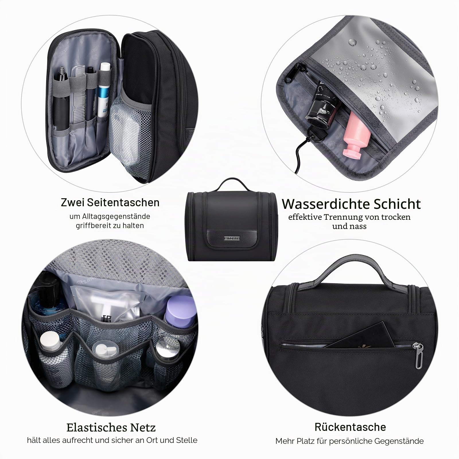 WITZMAN Kulturbeutel Herren Nylon Hängend Wasserfest Reise Kosmetiktasche | Mit Nass-Trennfach, Vielen Fächern für Ordentliche Aufbewahrung, Leicht, Große Kapazität, Für Reisen, Bad, B690 Schwarz