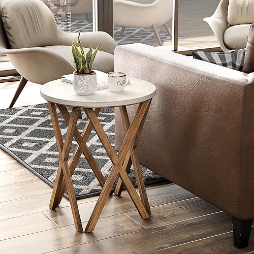 COZAYH Pedestal - Mesa auxiliar de granja parte superior blanca envejecida con base de 4 patas para casa de campo moderna decoración boho redonda