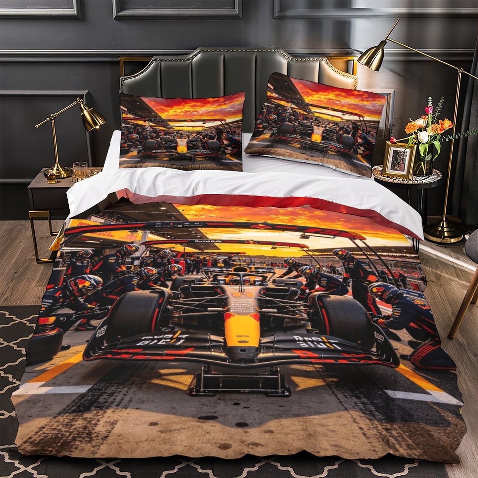 DAFUfbw Formulaa Racing Luxe Quilt Cover Set Hidden Zipper Duvet Cover Set with Pillowcases Pit Stop Bedding Set Soft Microfiber Comforter Cover Double（200x200cm）