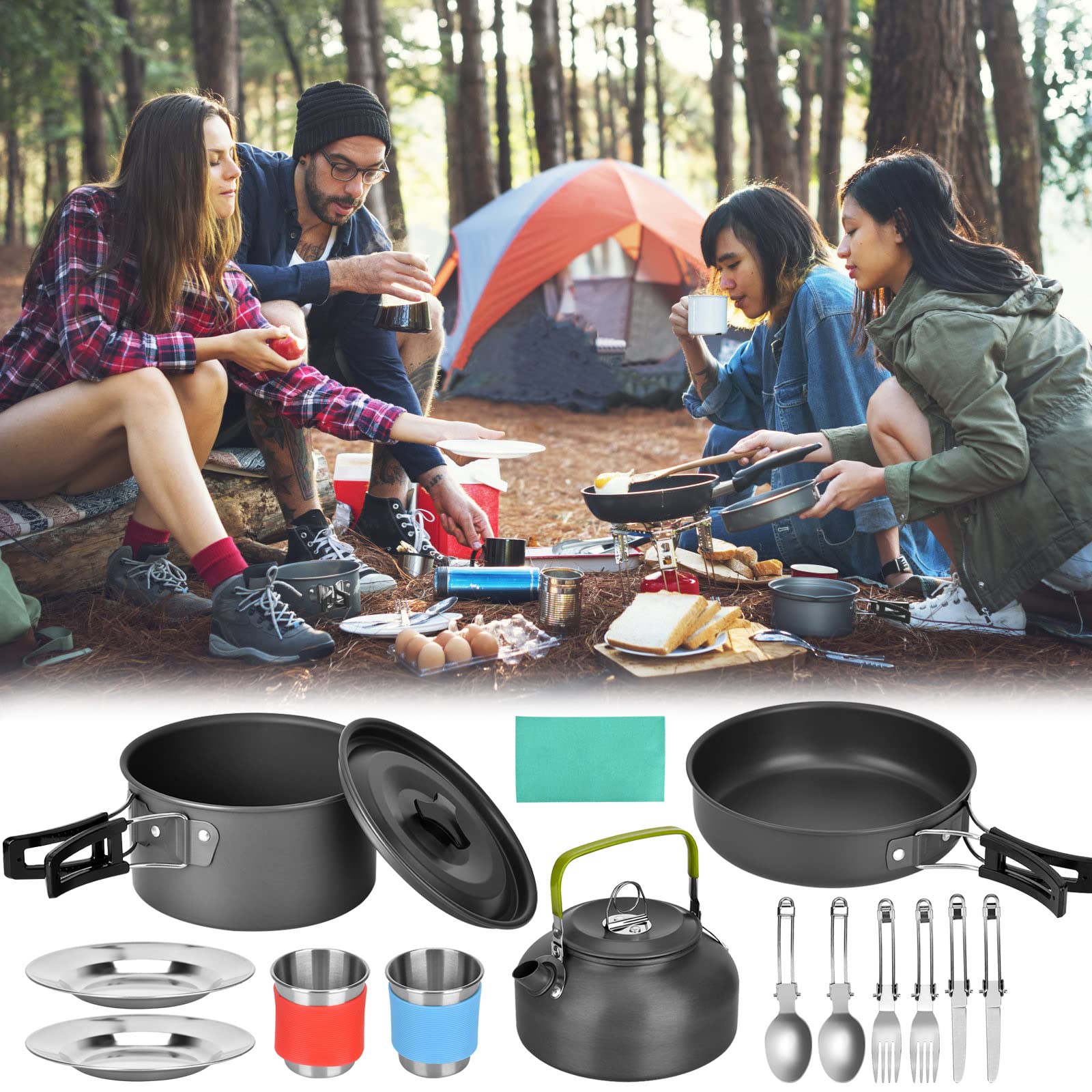 Kit de Utensilios Cocina Camping para 1-2 Personas Ollas de Aluminio Ligero para Camping Vajilla para cocinar al Aire Libre para Cocinar al Aire Libre/Camping/Senderismo