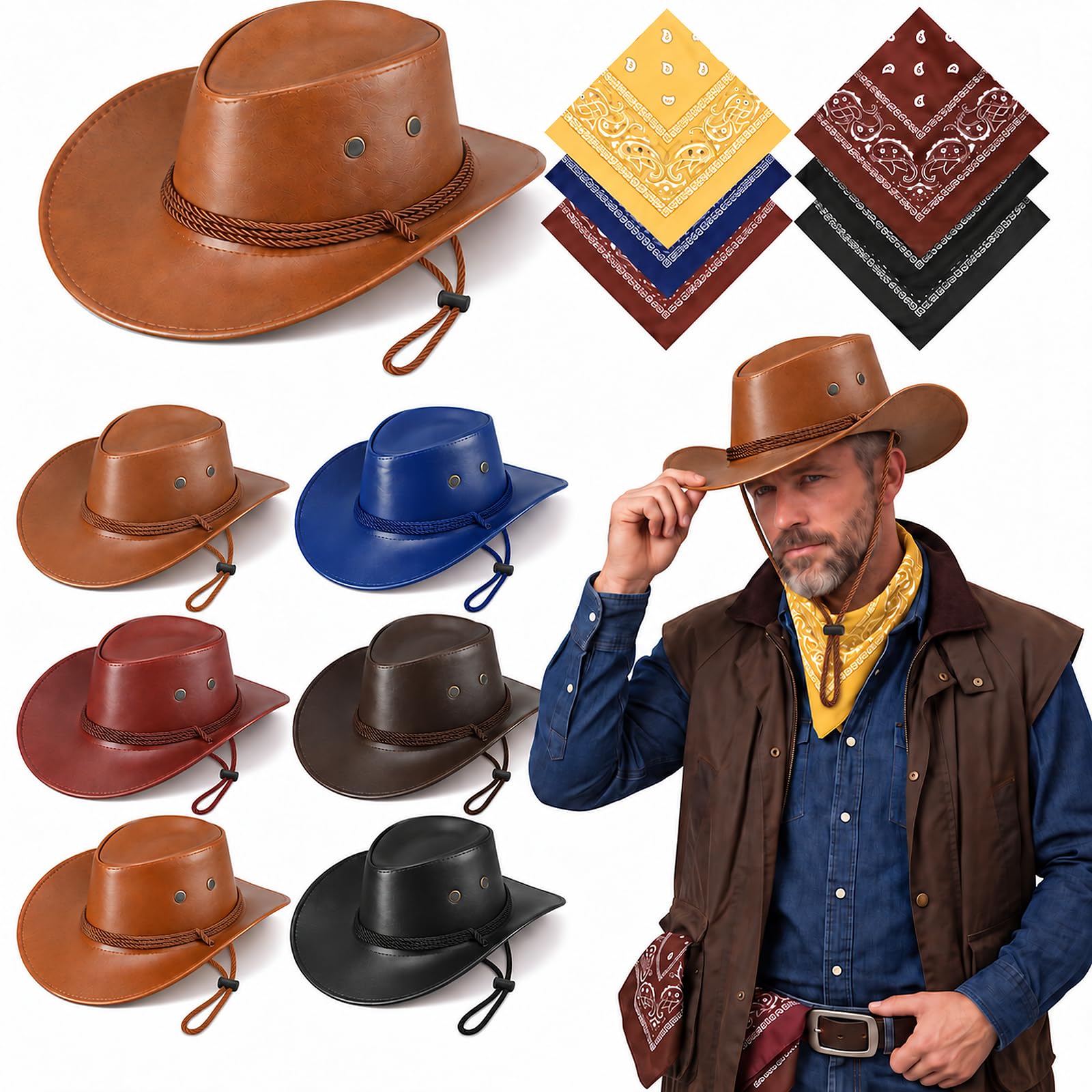 Zhanmai 12 Pcs Cowboy Hat and Bandana Cowboy Cowgirl Hats Bulk Western Party Costume Halloween Accessory