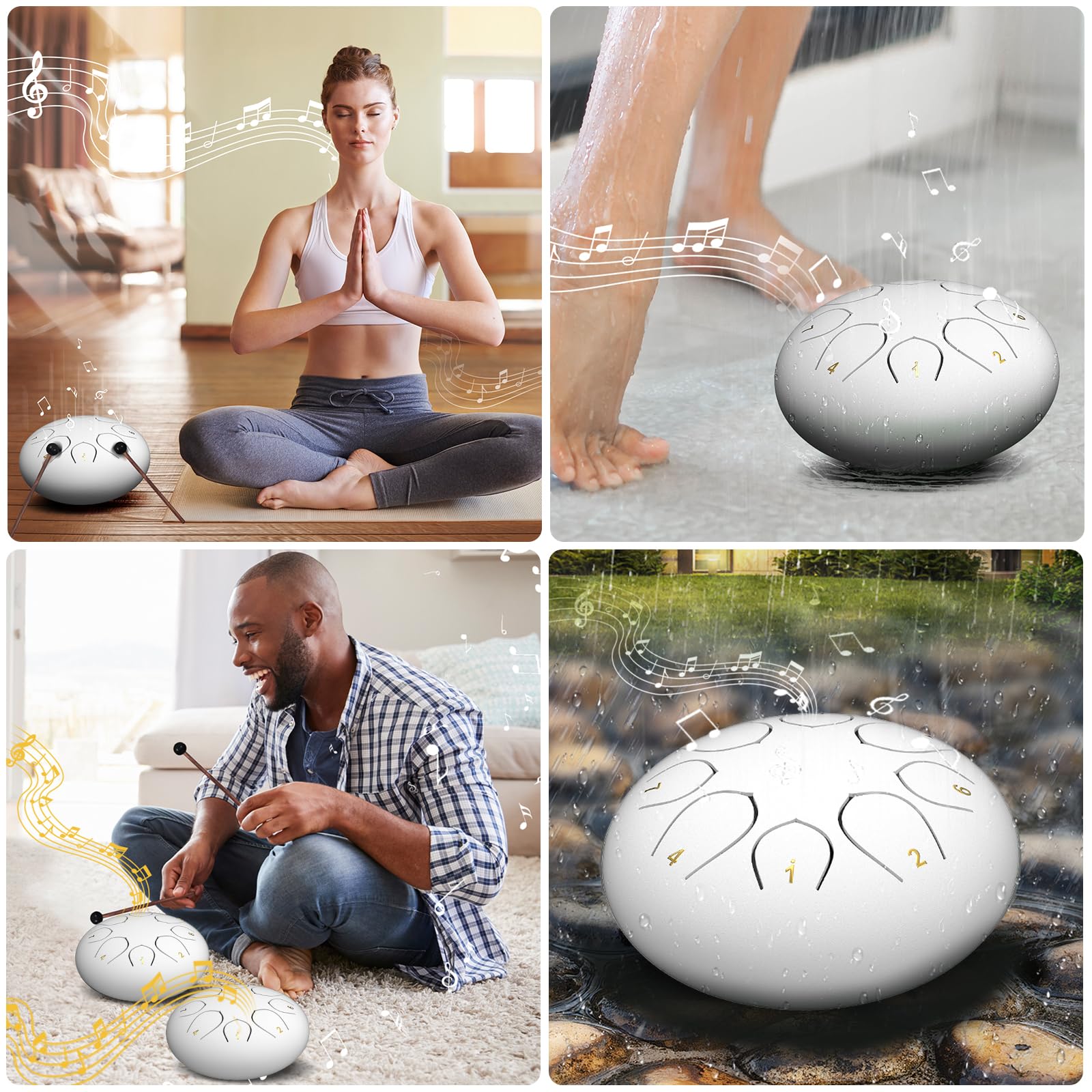 Rain Drum for Outside Garden, 6 Inches 8 Notes Steel Tongue Drums, Waterproof Meditation Echo Rain Chime, Musical Instruments for Adult Gift with Bag, Music Book, Mallets (White) 6