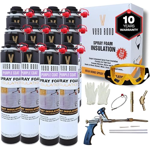 Vega Bond SF001 12-Packs with Gun, Premium Single Component, Self Expanding, Purplecoat Closed Cell Insulation Spray Foam, 29 oz w/ 5.66 R-Value, Acoustic Spray (240 Board Feet Coverage )