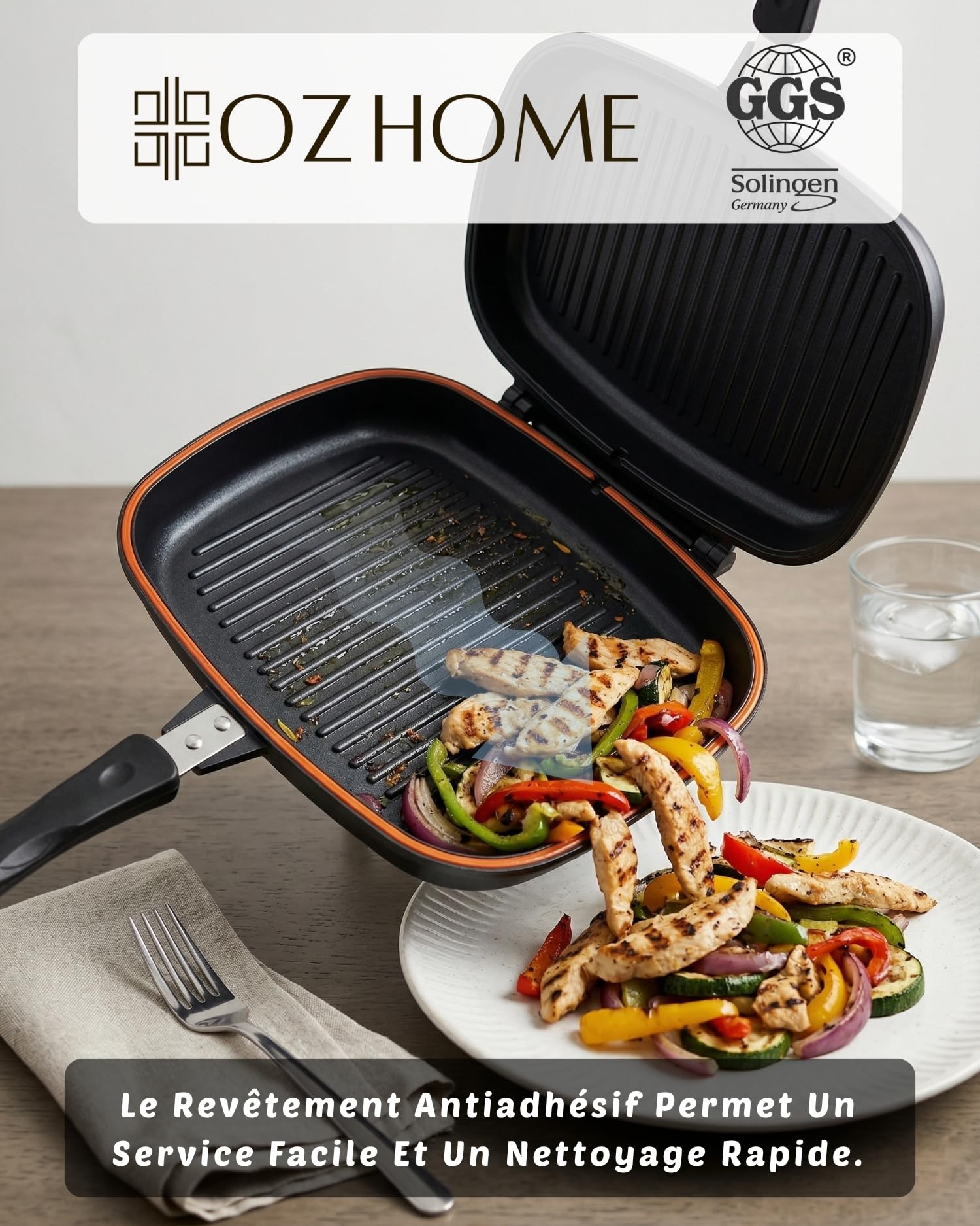 GGS Colection Poele Grill Et Poisson Double Face 38x25.5cm - Poele Grill Induction Et Tout À Feux, Poele Anti Adhesive en PTFE- Poele A Griller Avec Fermeture Magnétique & 2 Bandes D’étanchéité