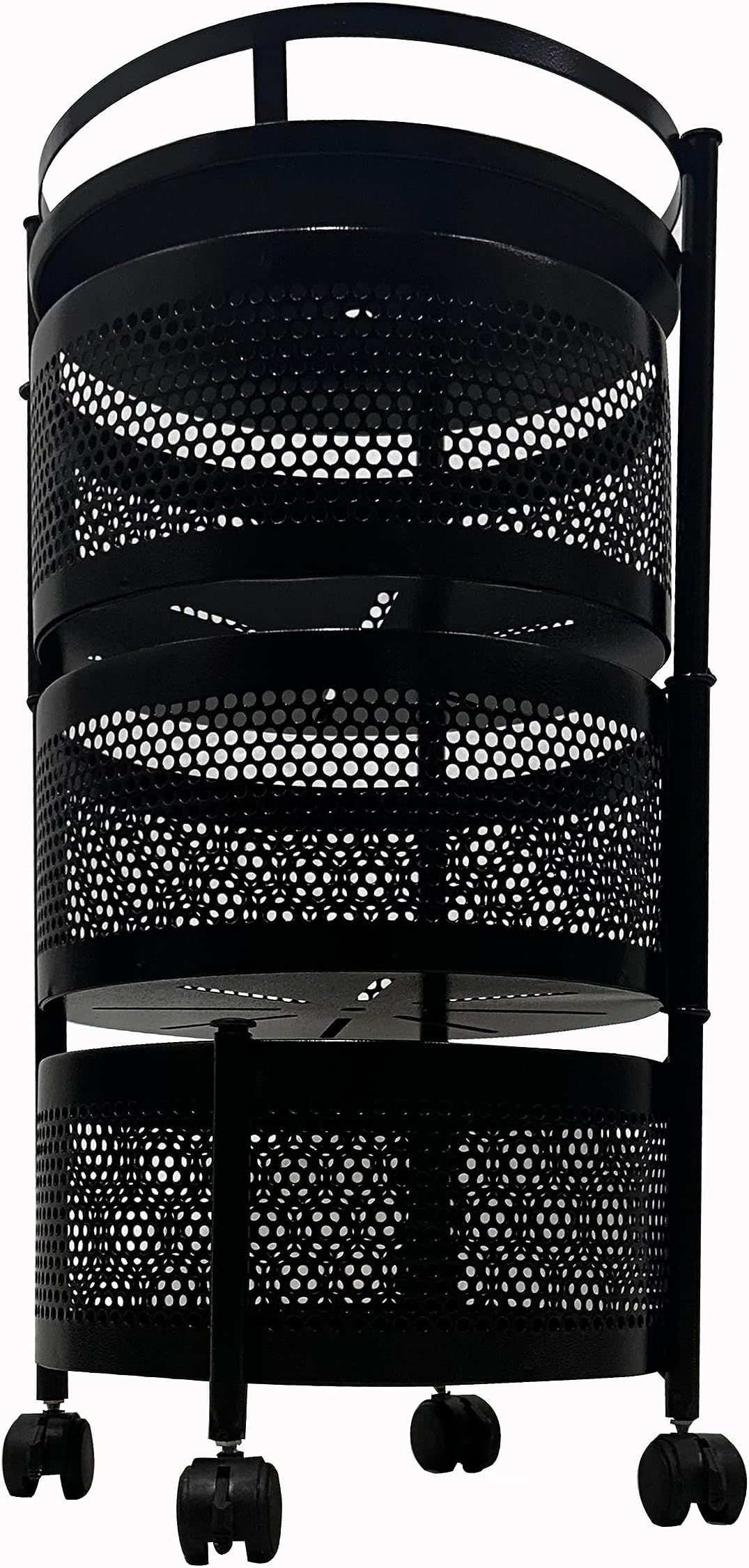 ROBMOB 3 Layer Vegetable Stand Kitchen Trolley with Wheels, Rotating Vegetable Basket, Black