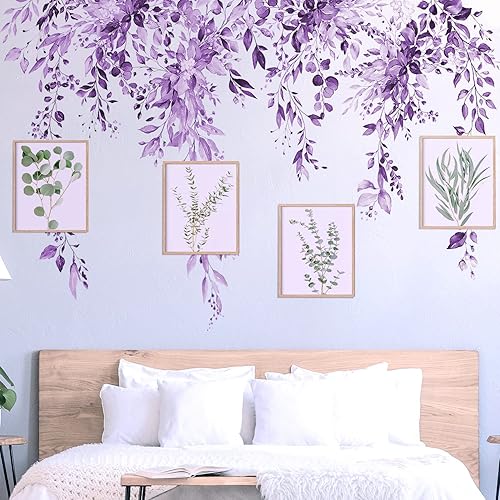 Miniatura 9 de VePret Calcomanías de pared de hojas y plantas moradas, calcomanías de pared de flores grandes, diseño de vid extraíble, decoración del hogar, arte