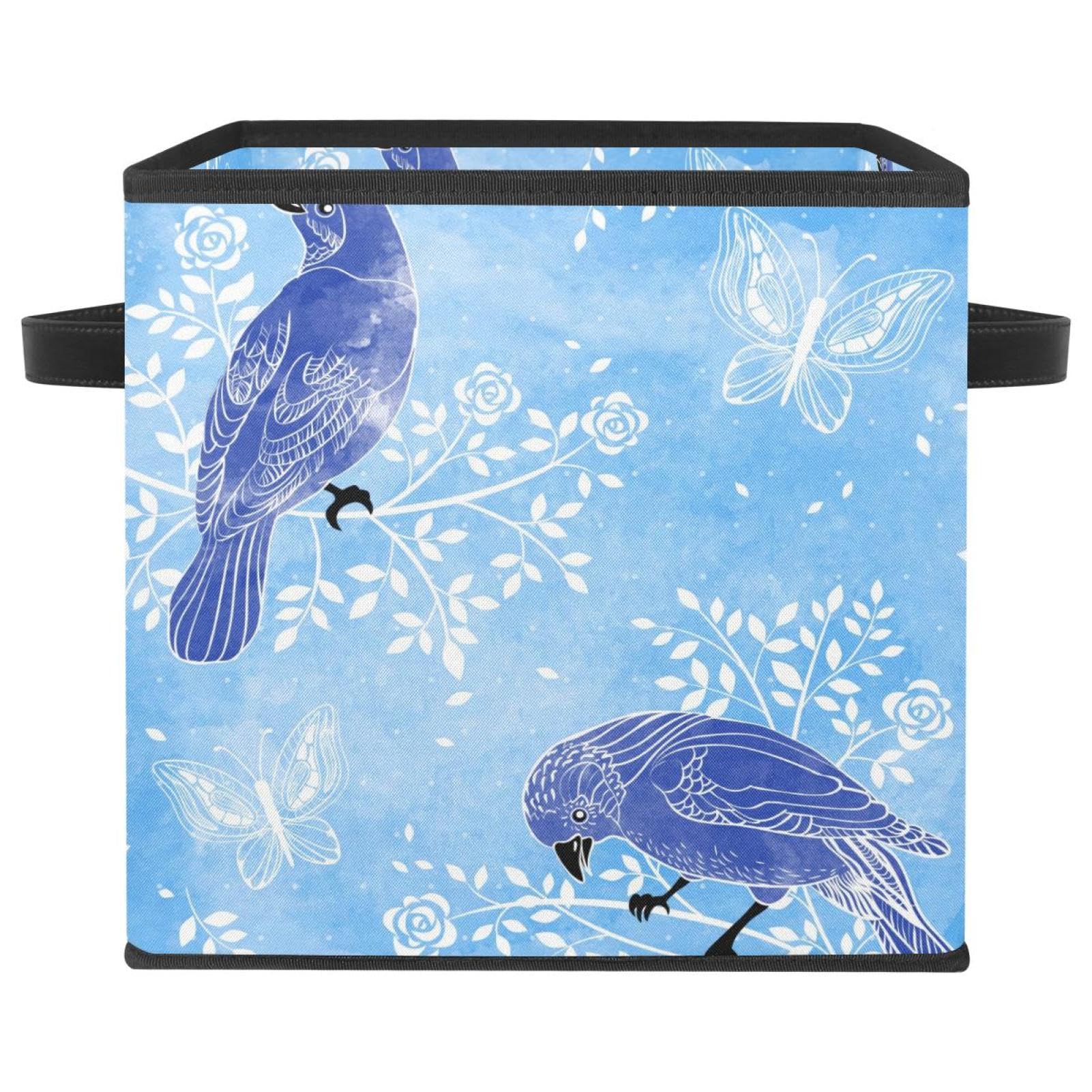 Cube de rangement en tissu bleu oiseaux et fleurs pour placard