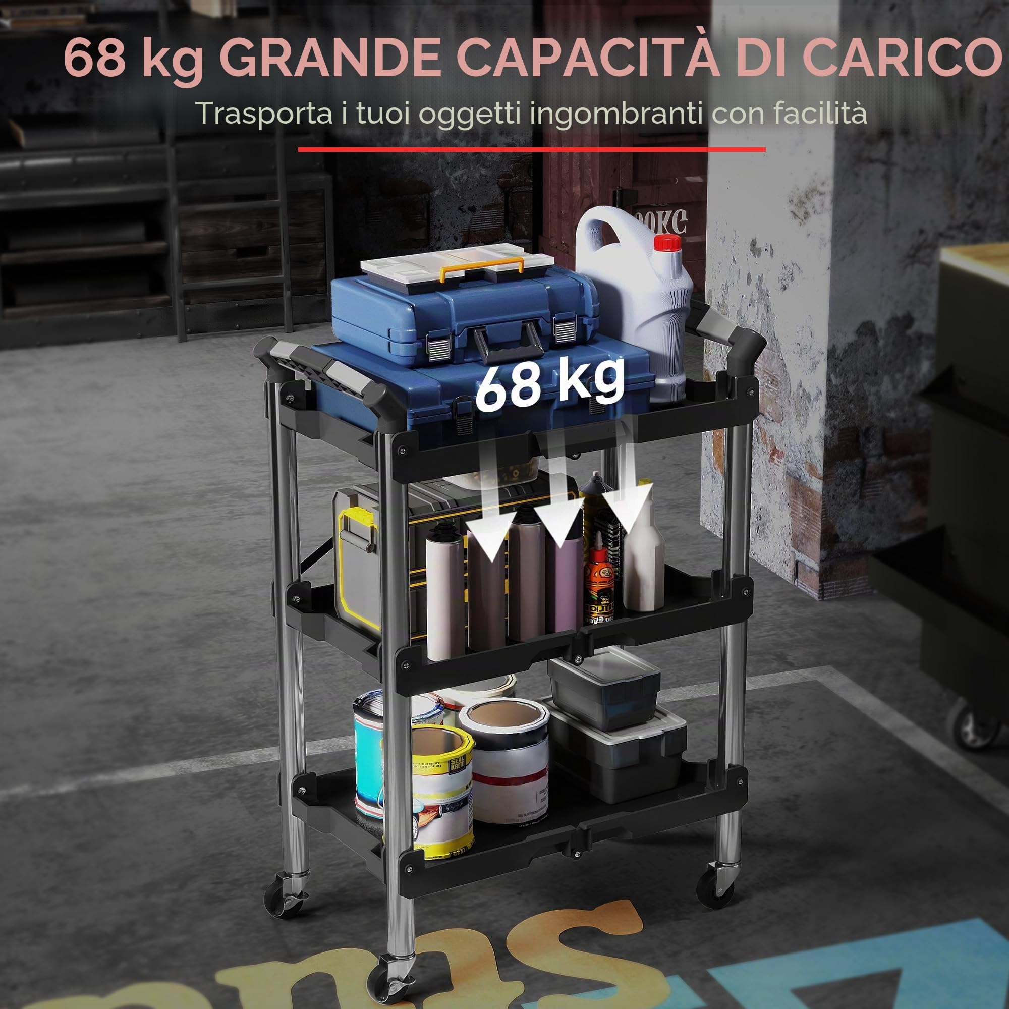 HOMCOM Carrello attrezzi pieghevole 3 livelli, ruote, 150 LBS, nero | Carrello utility pieghevole con maniglie, organizer servizio mobile, per garage magazzino officina.