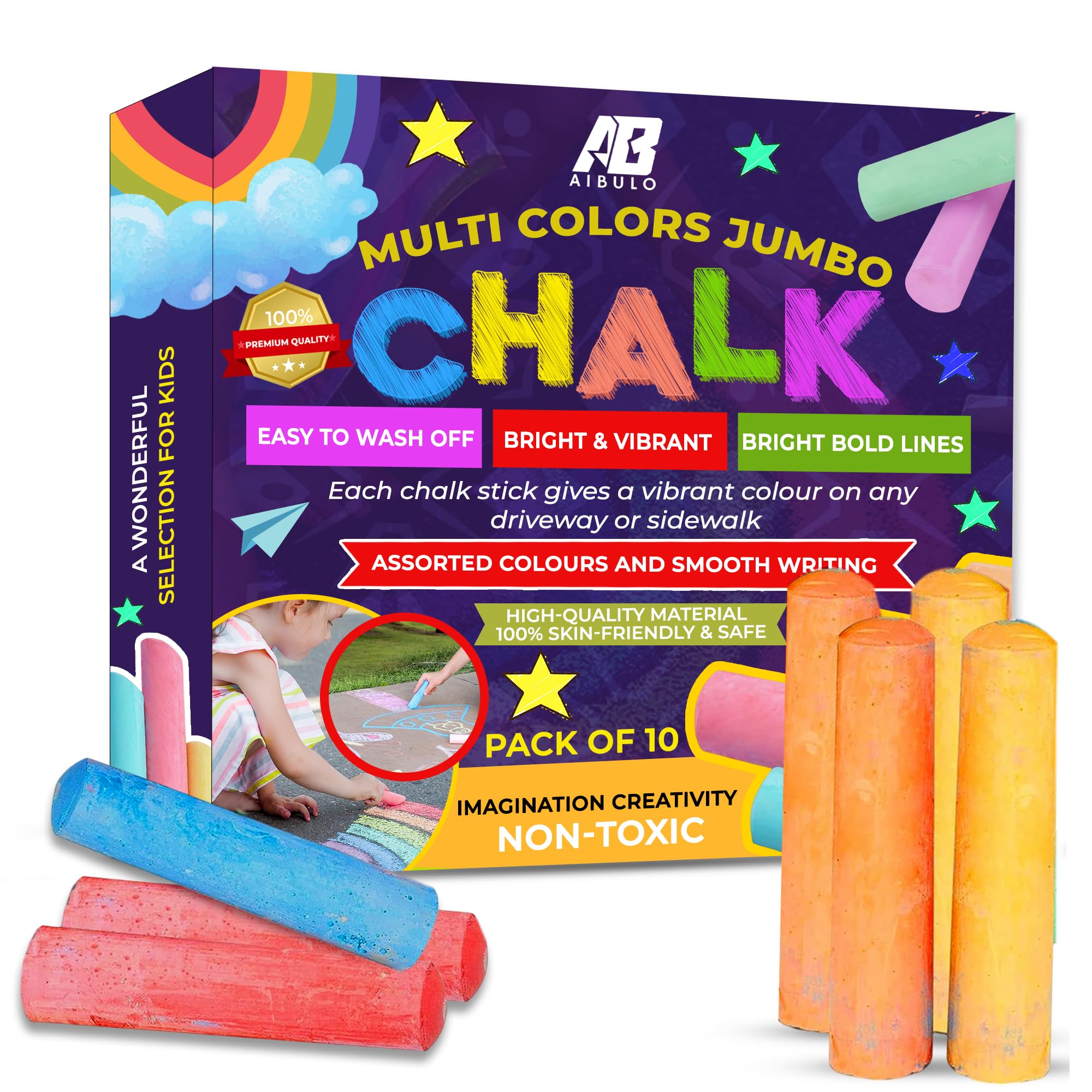 AIBULO 20-Pack Jumbo Chalks for Kids – Extra Large Chunky Washable Sidewalk Chalk Sticks – Bright Outdoor Playground & Pavement Chalk – Non-Toxic Driveway Garden Summer Toys for Children Aged 3+